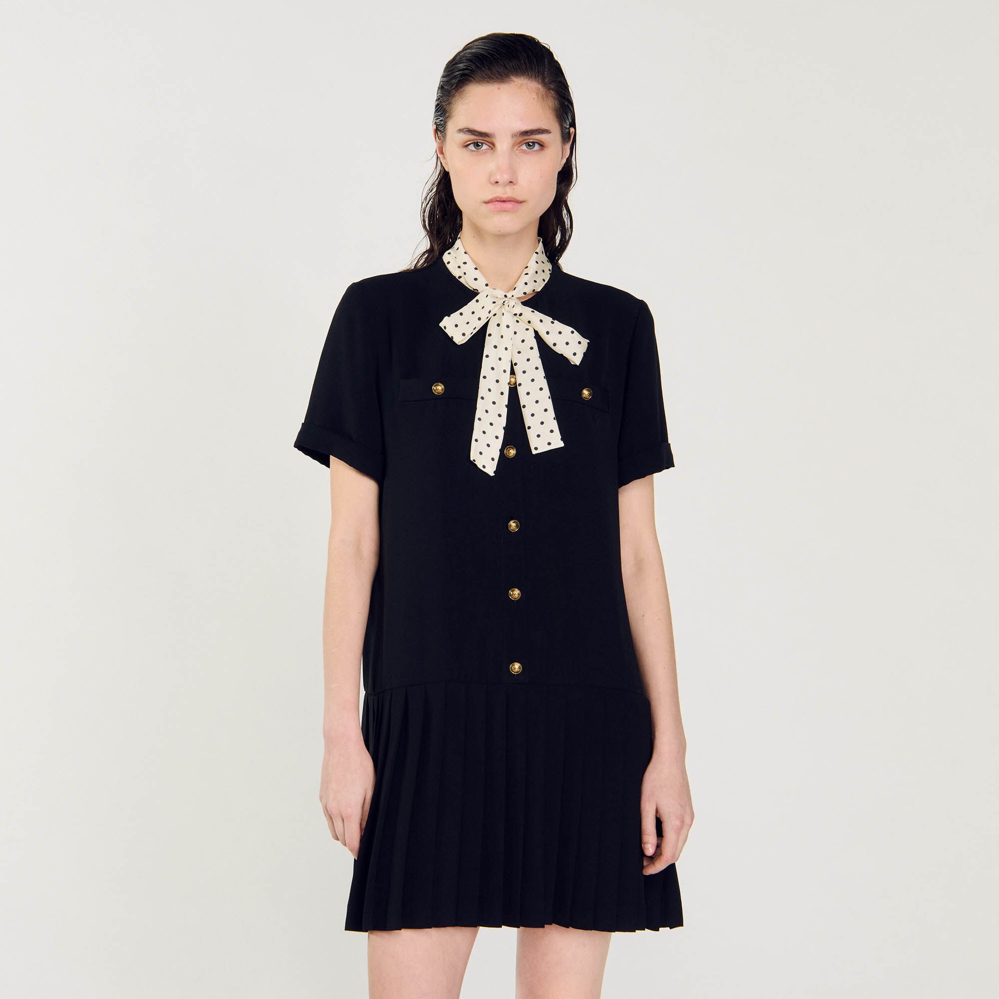 Short dress with polka dot tie