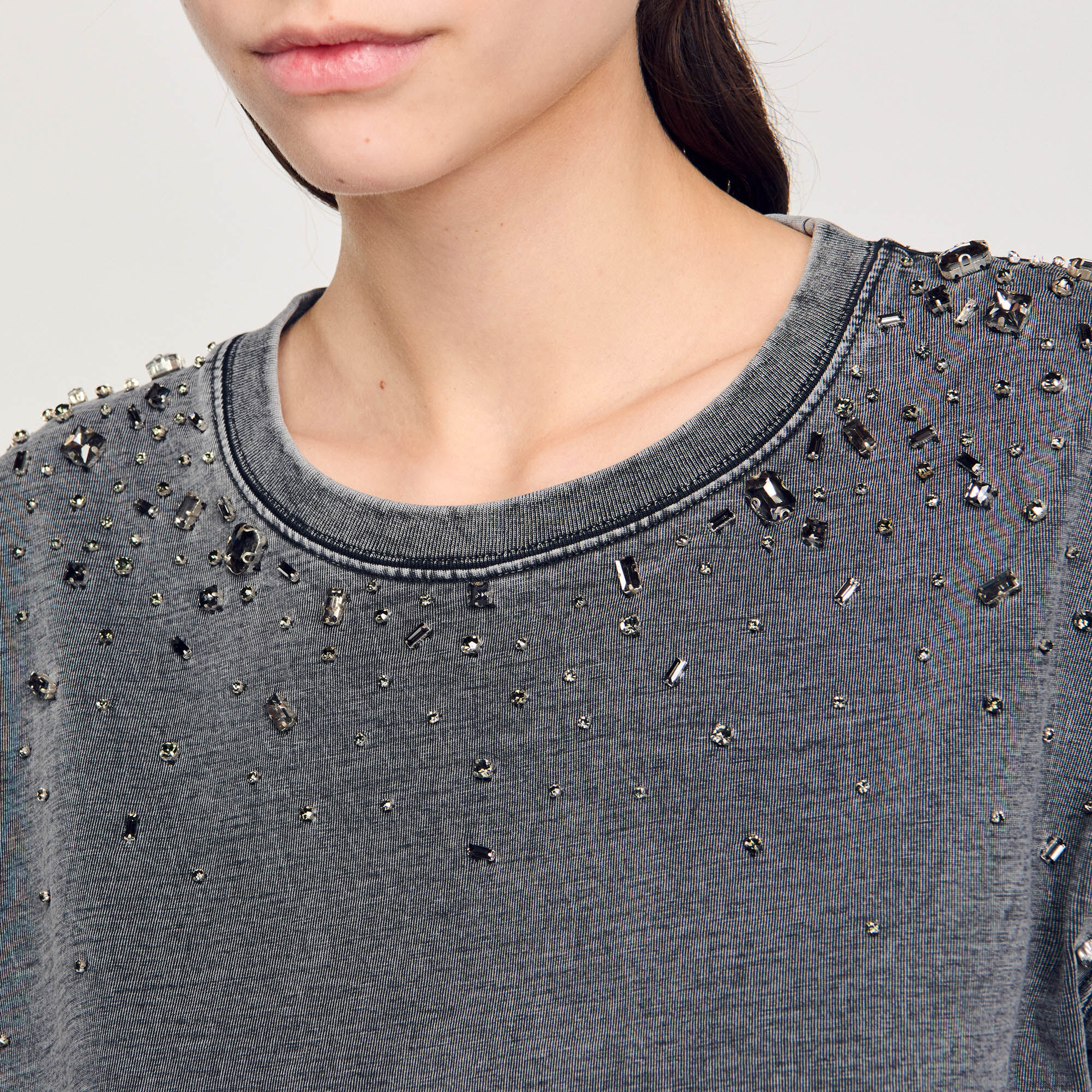 Rhinestone cropped T-shirt black / gray For Women | Sandro Paris