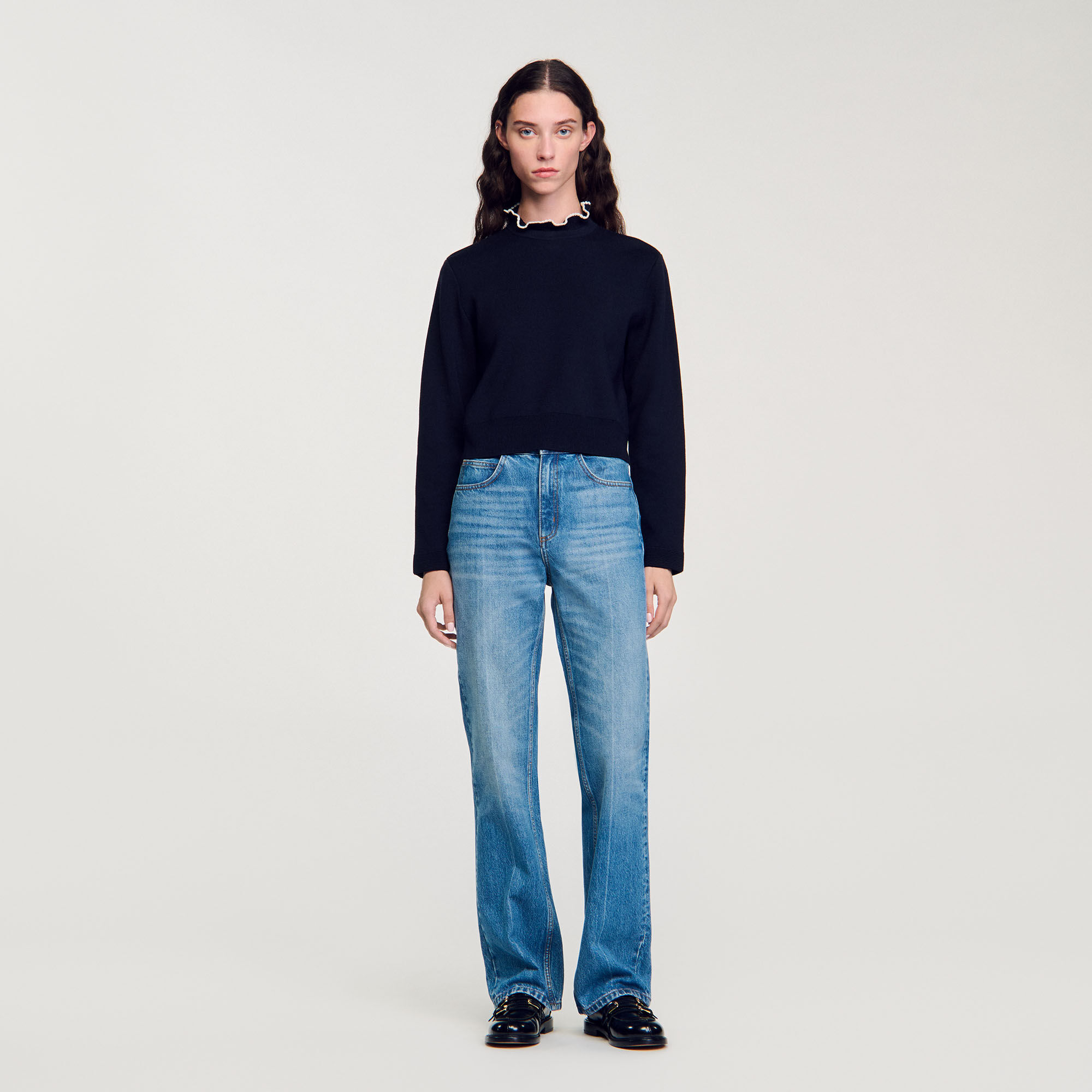 Ruffled-Neck Sweater blue For Women | Sandro Paris