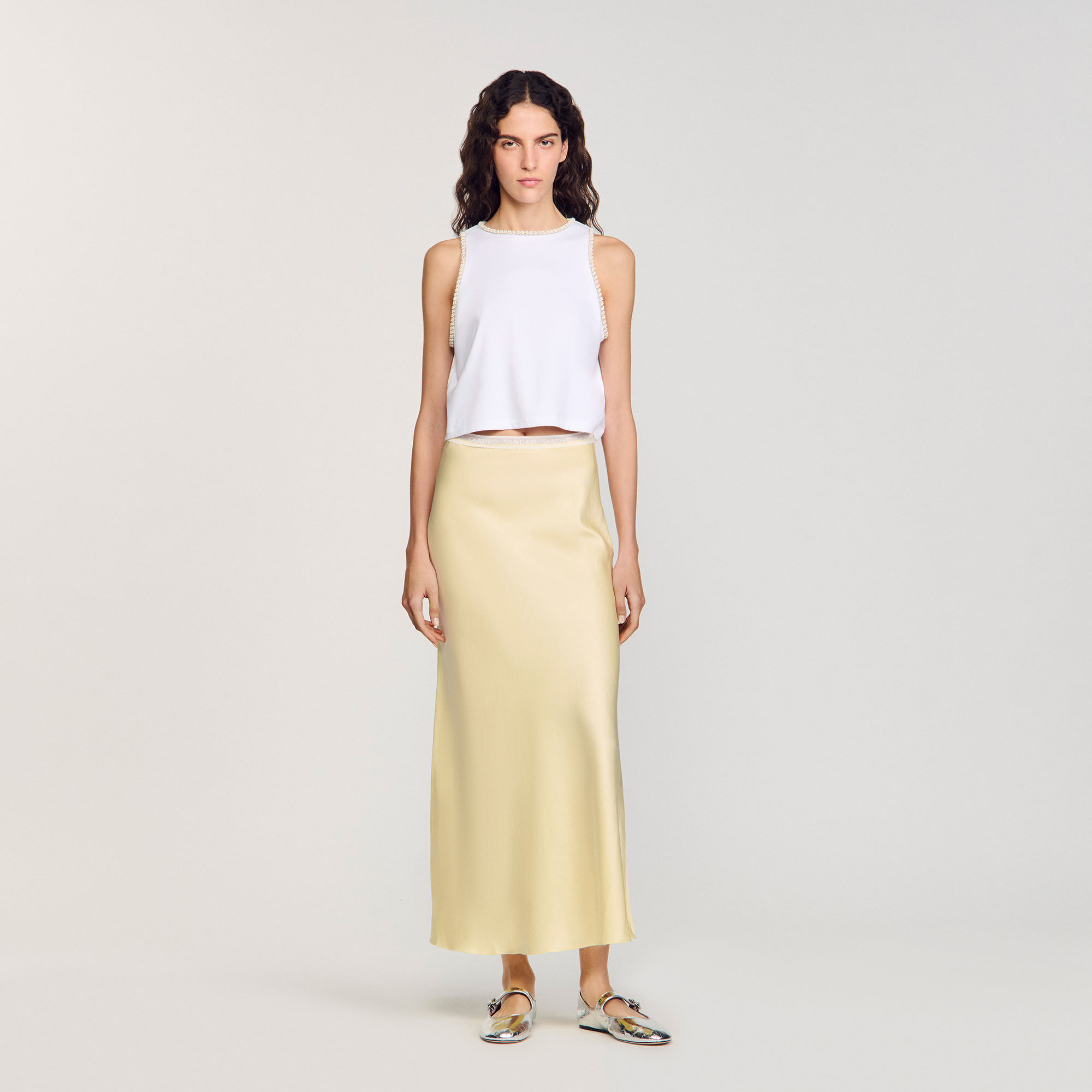 sandro★スカート Maxi satin-effect skirt yellow / orange For Women | Sandro Paris
