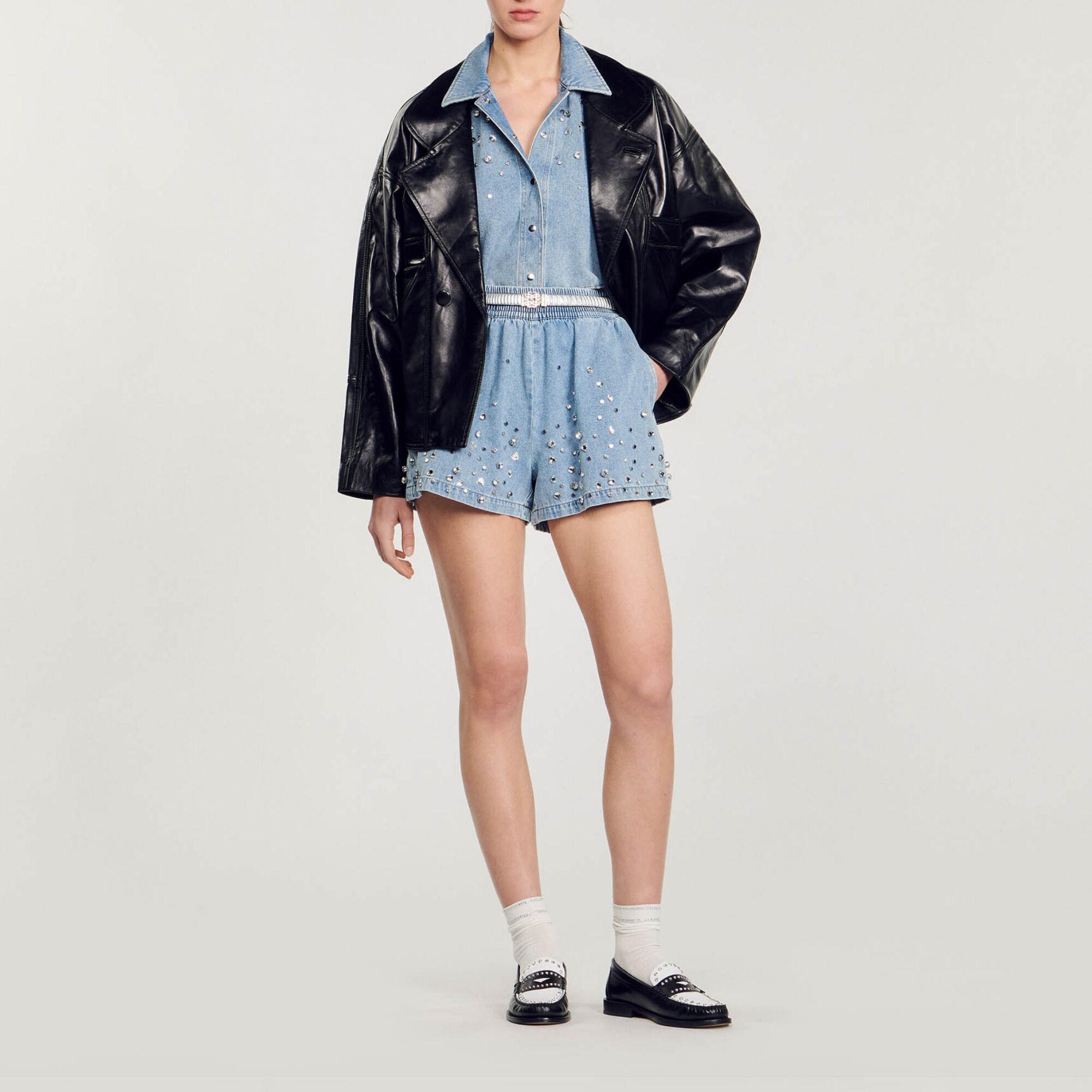 Wide-leg rhinestone denim shorts