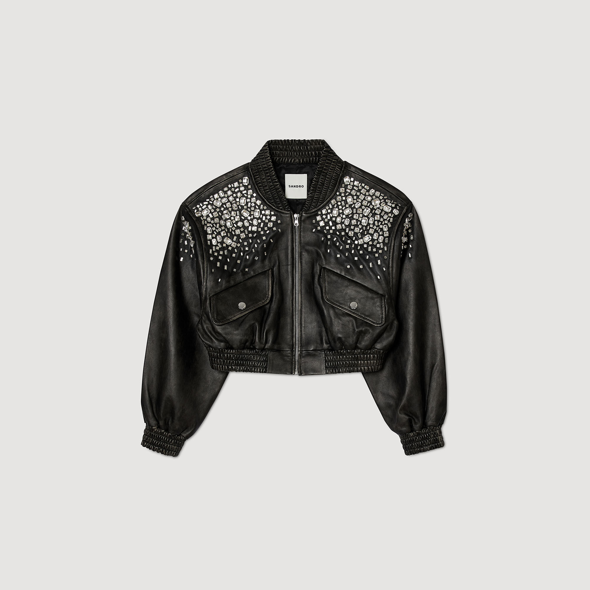 Black and white studded leather jacket deals