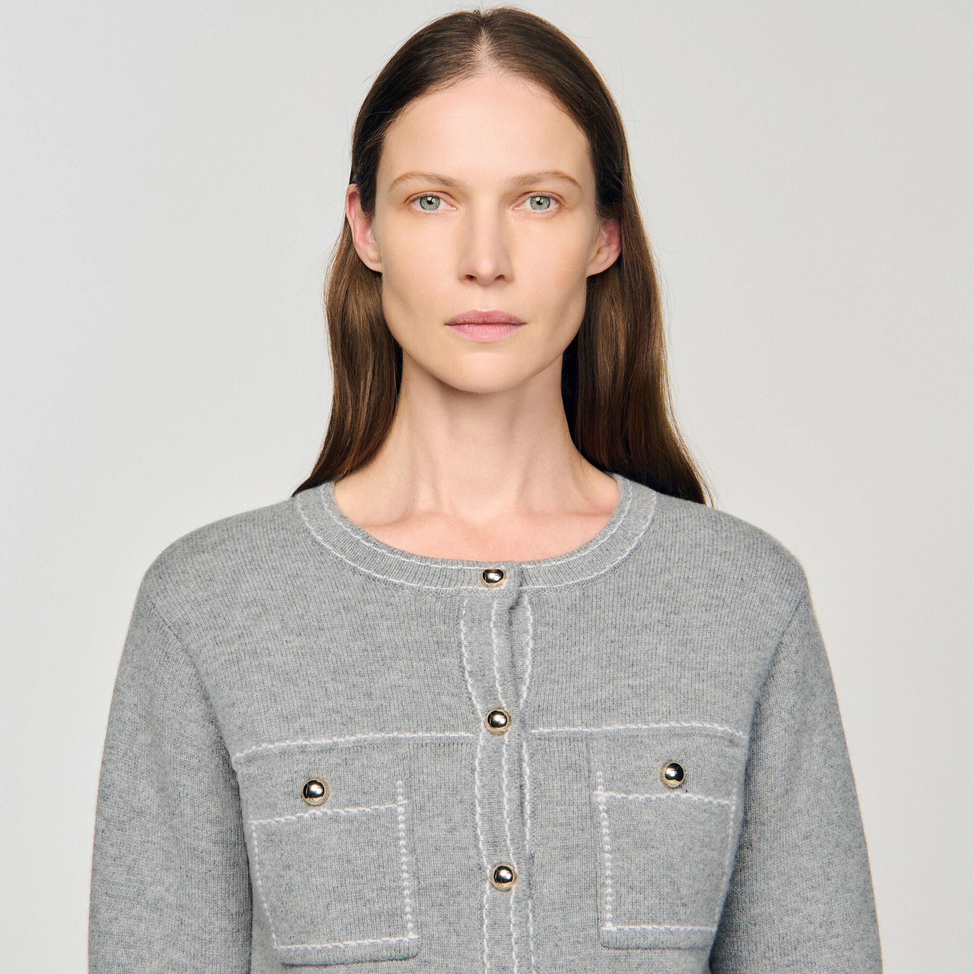 Cardigan with contrast stitching black / gray For Women | Sandro Paris