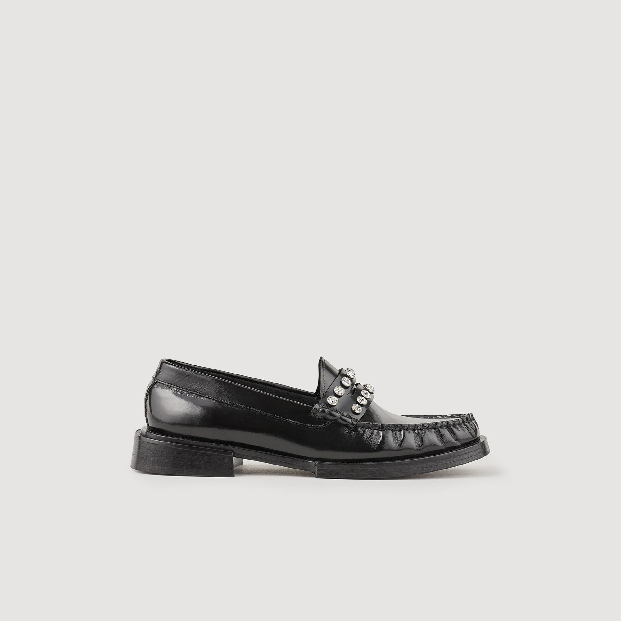 Leather loafers with rhinestones black gray For Women Sandro Paris