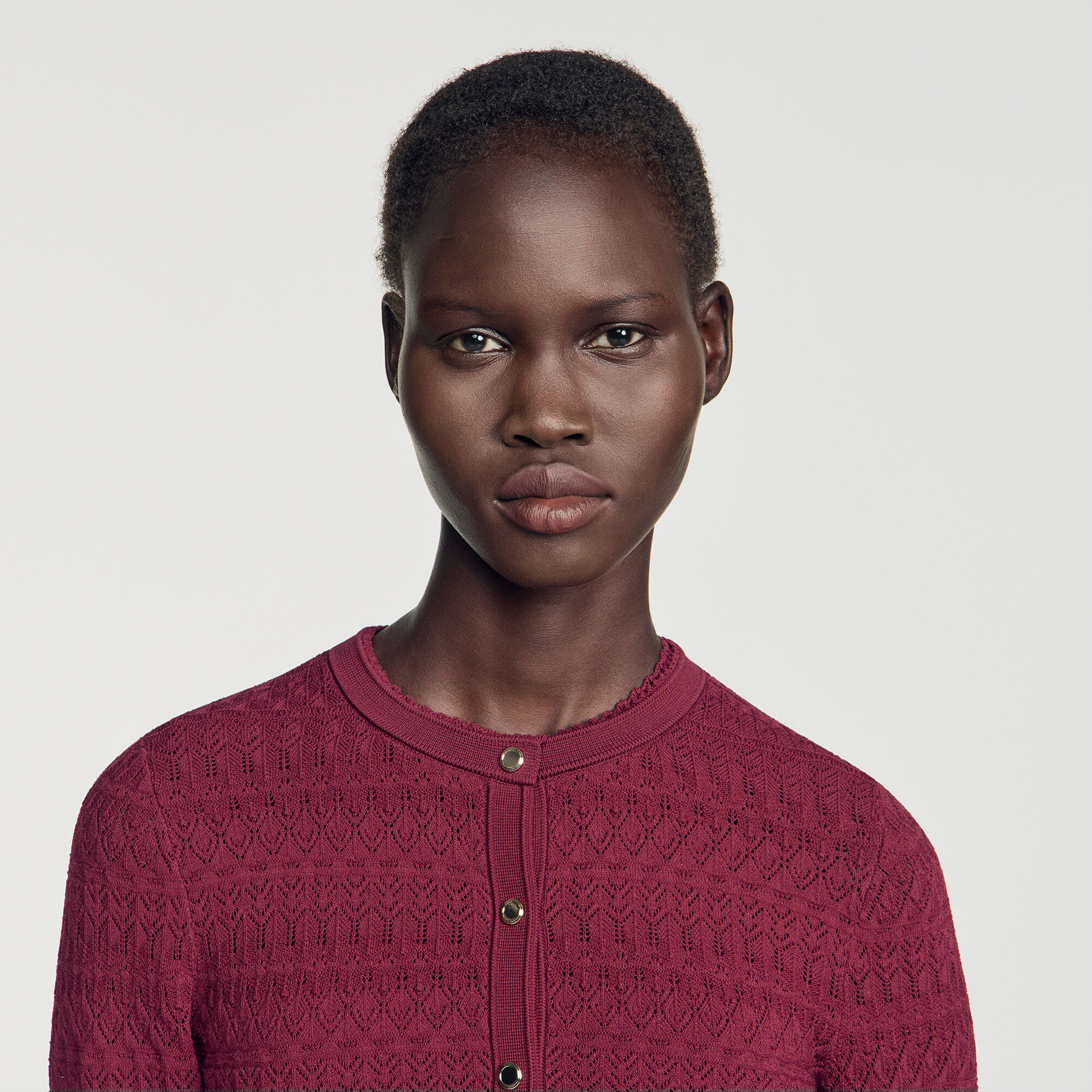 Cropped pointelle knit cardigan in Bordeaux for Women | Sandro Paris