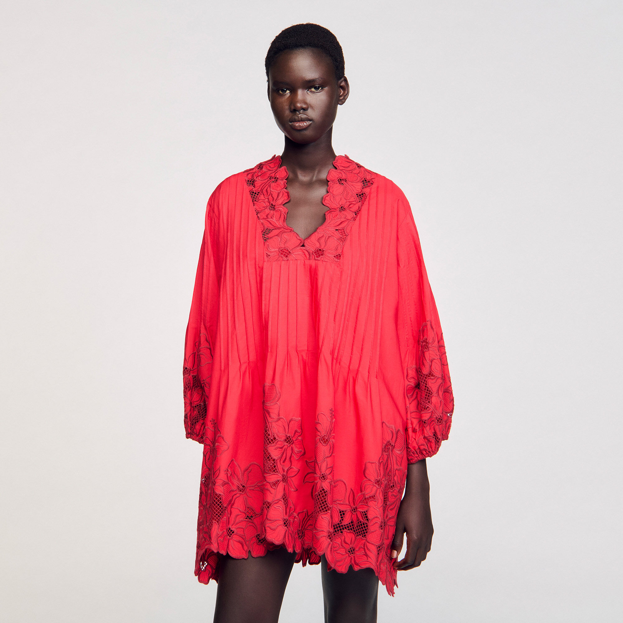 Mini dress with floral details red For Women | Sandro Paris