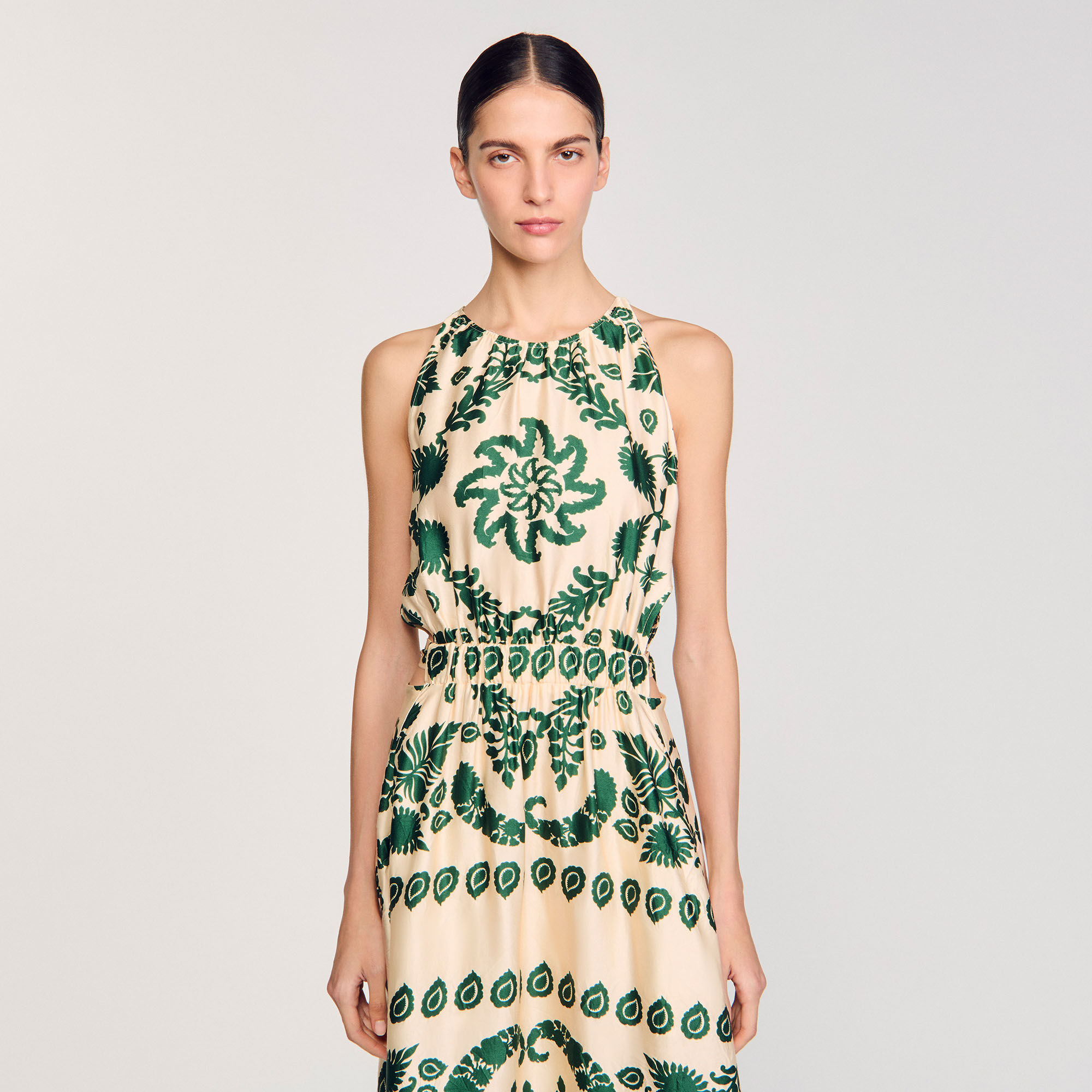 Leaf print maxi dress white / beige For Women | Sandro Paris