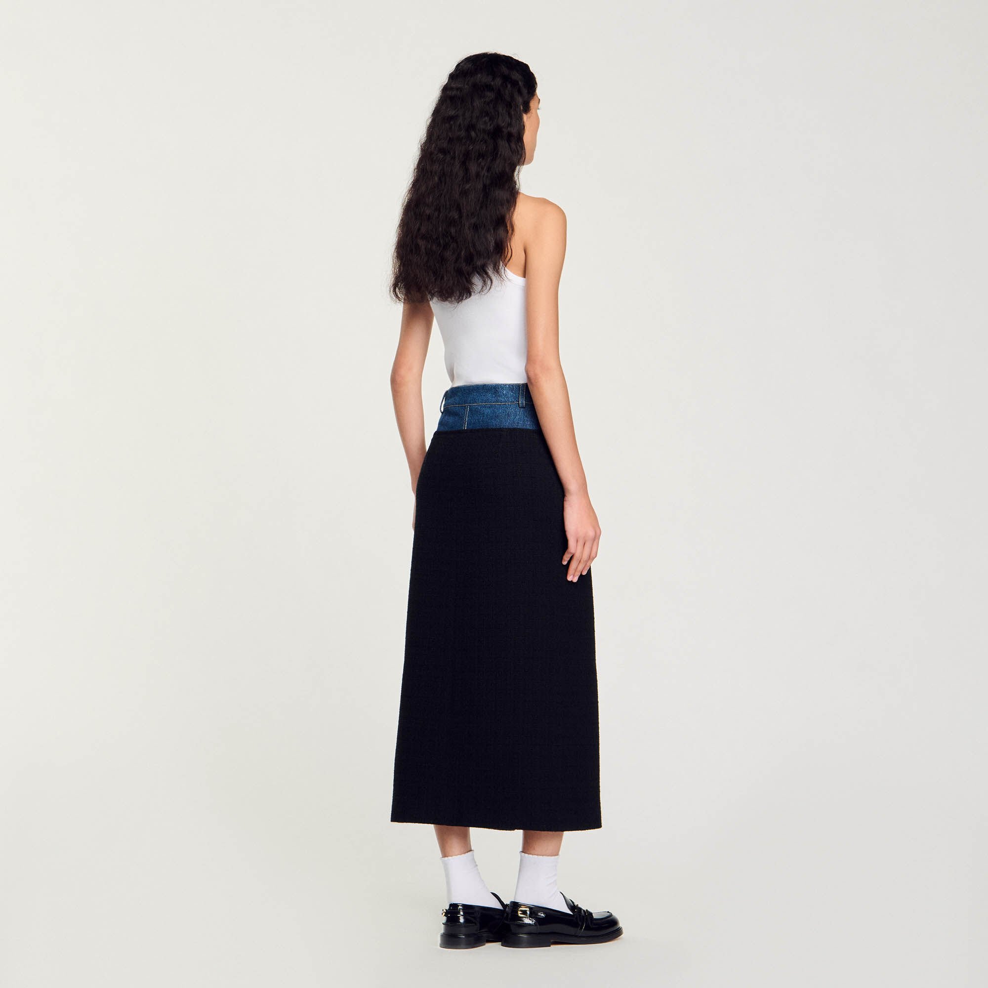 Dual-material denim and tweed skirt