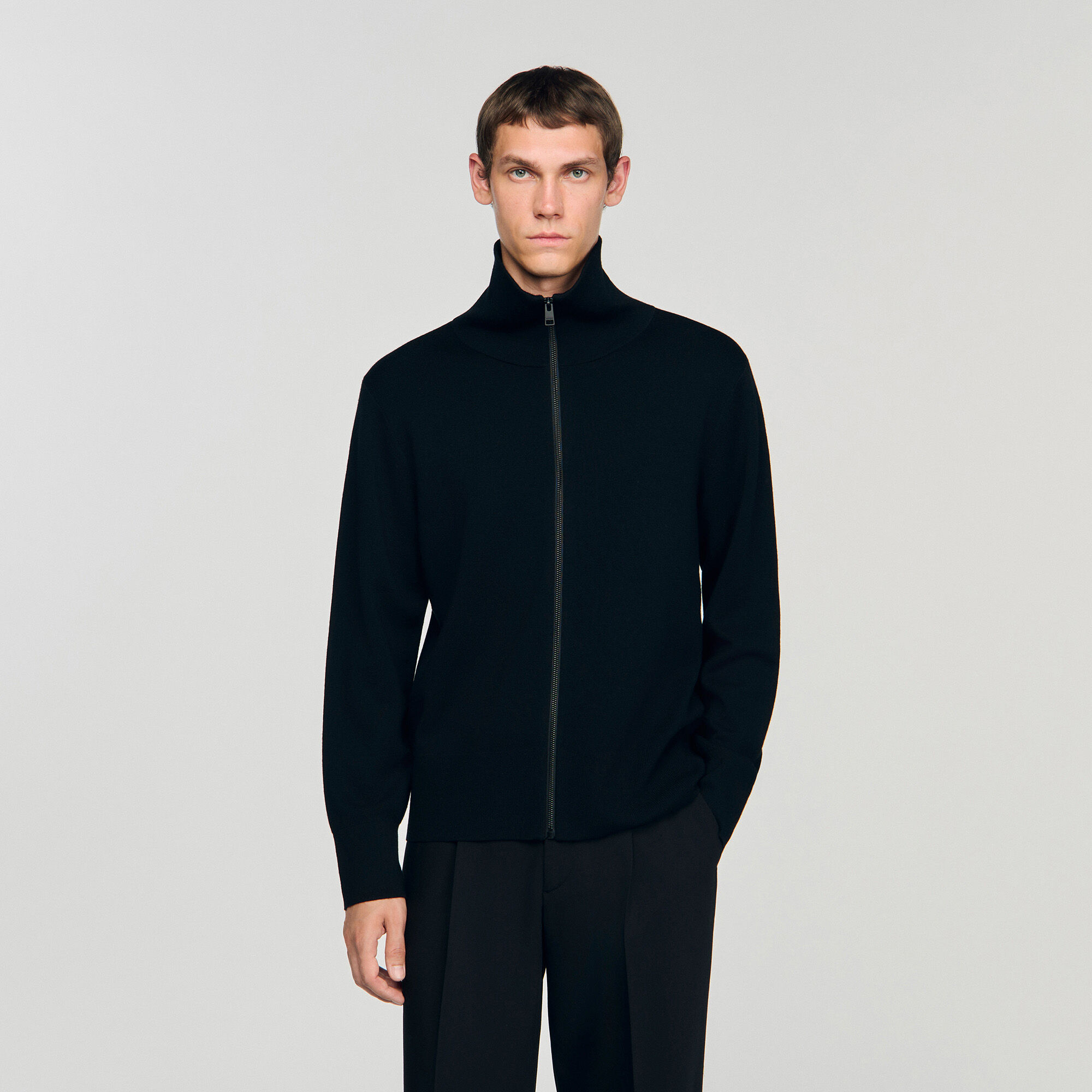 Zip-up wool cardigan black / gray for Men | Sandro Paris