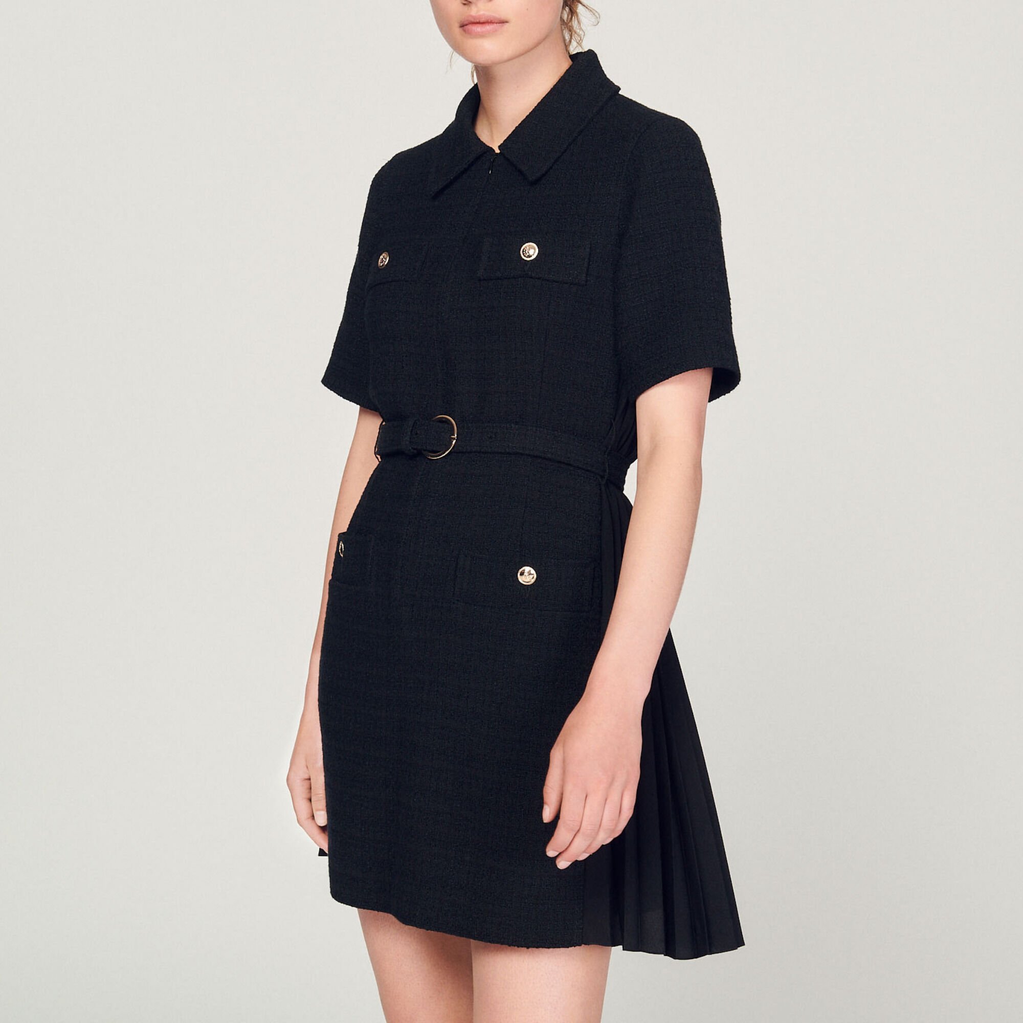 Short-sleeved dress in two materials