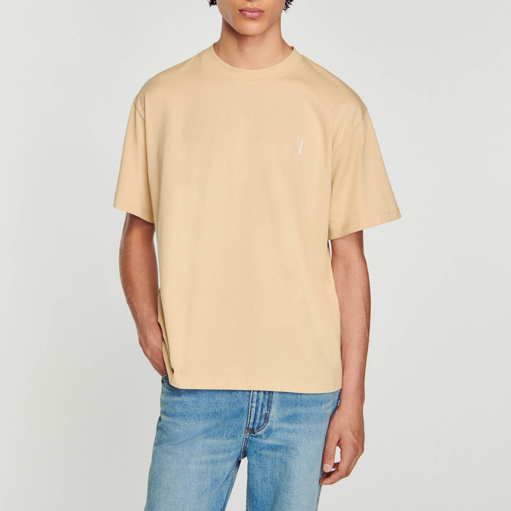 SANDRO ビーズ装飾 コットンTシャツ Beaded cropped T-shirt white / beige For Women | Sandro Paris