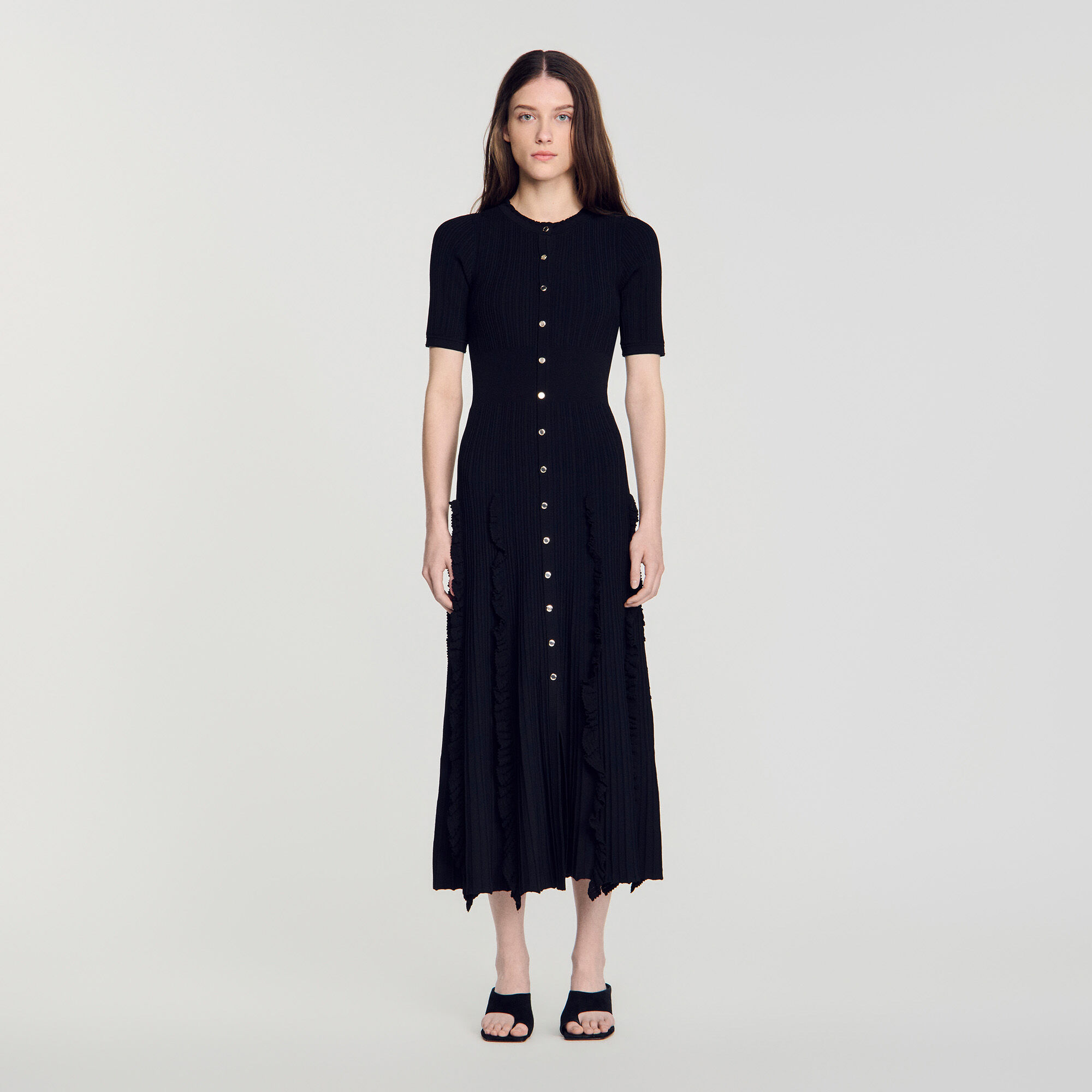 Knit maxi dress with ruffles in Black for Women | Sandro Paris