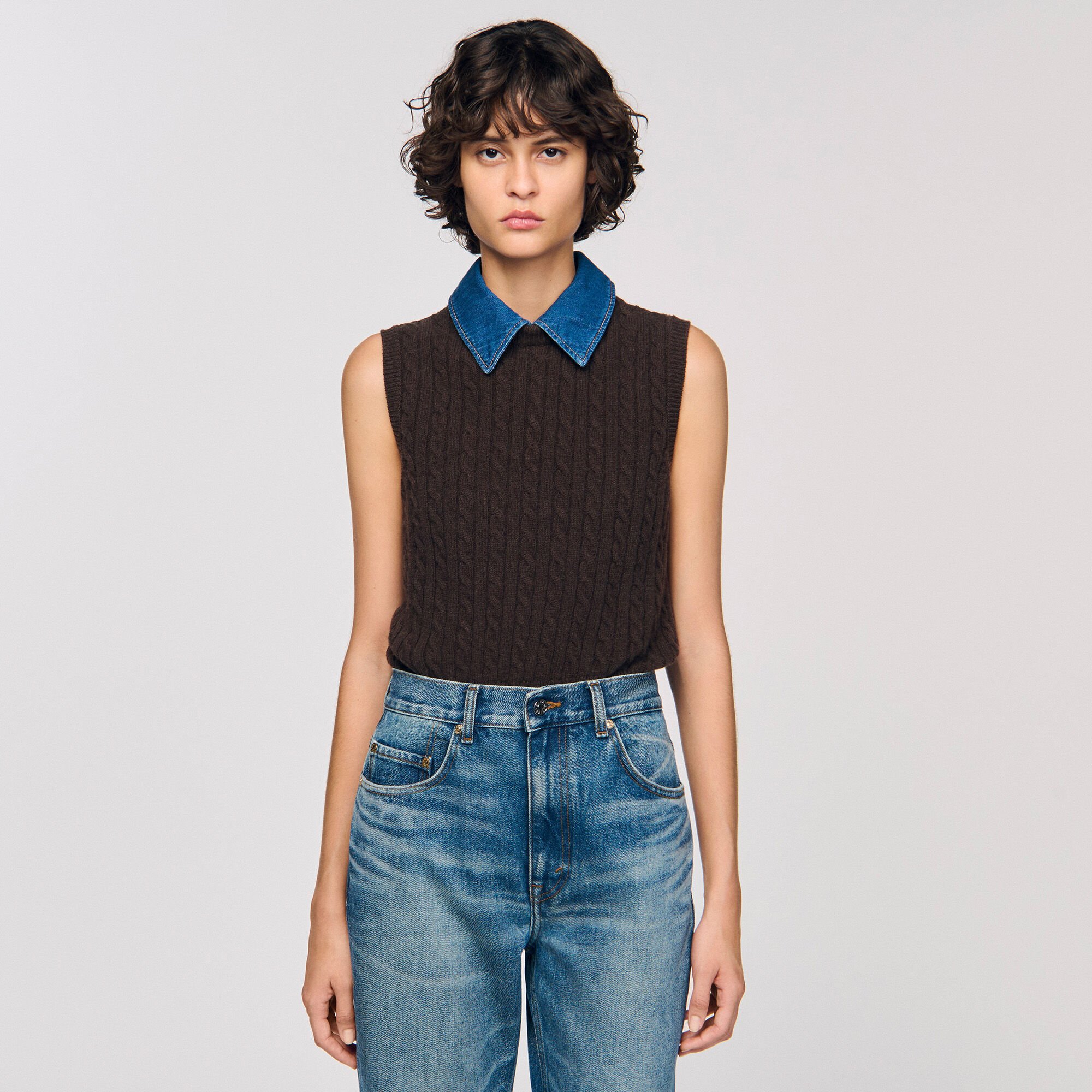 Knit and denim sweater