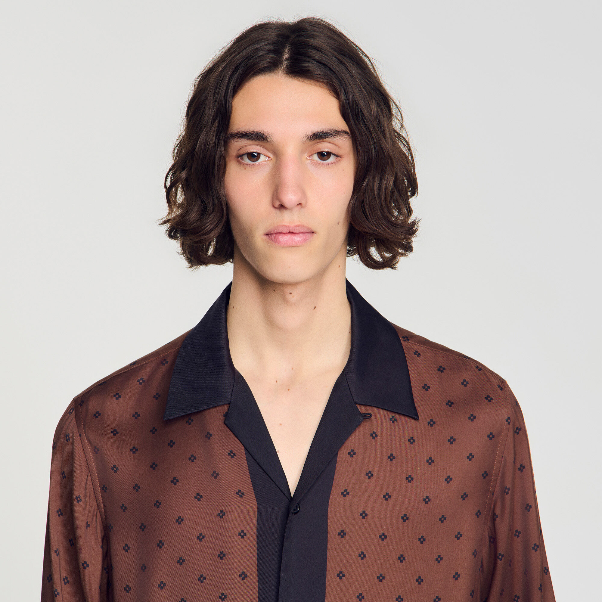 Square Cross motif shirt in Tobacco Brown for Men | Sandro Paris