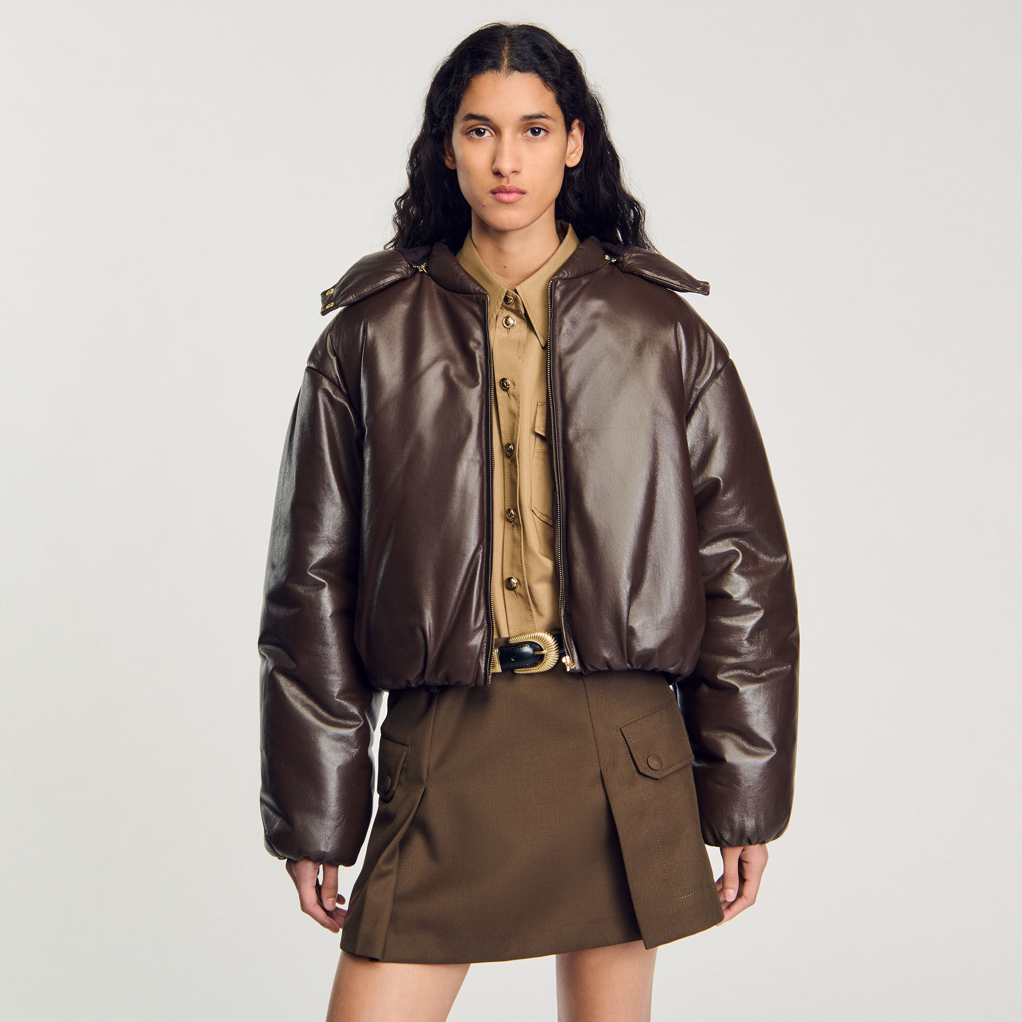 Glazed leather jacket brown For Women | Sandro Paris