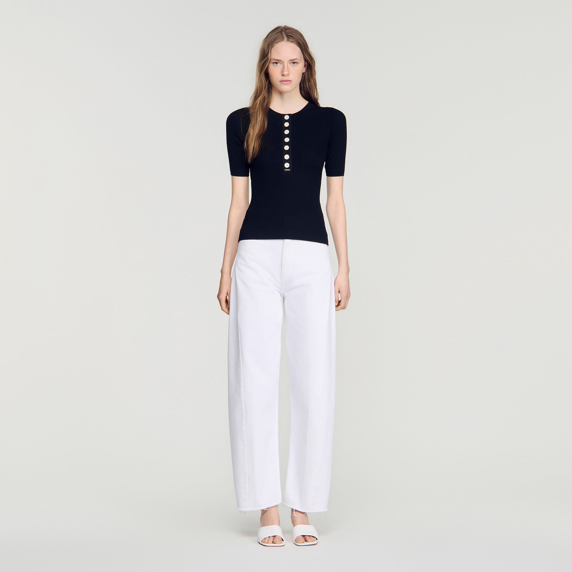Ribbed button placket knit top in Black for Women | Sandro Paris