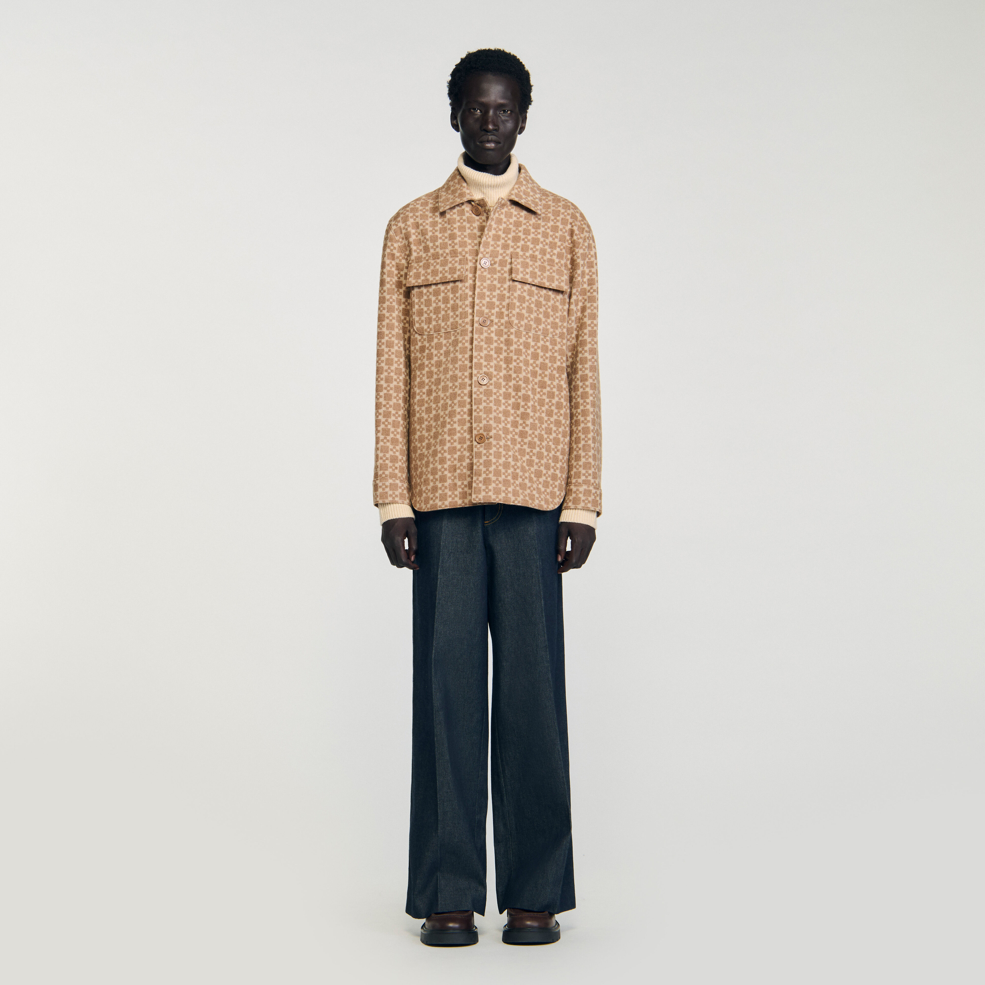 Square Cross jacquard overshirt brown for Men | Sandro Paris