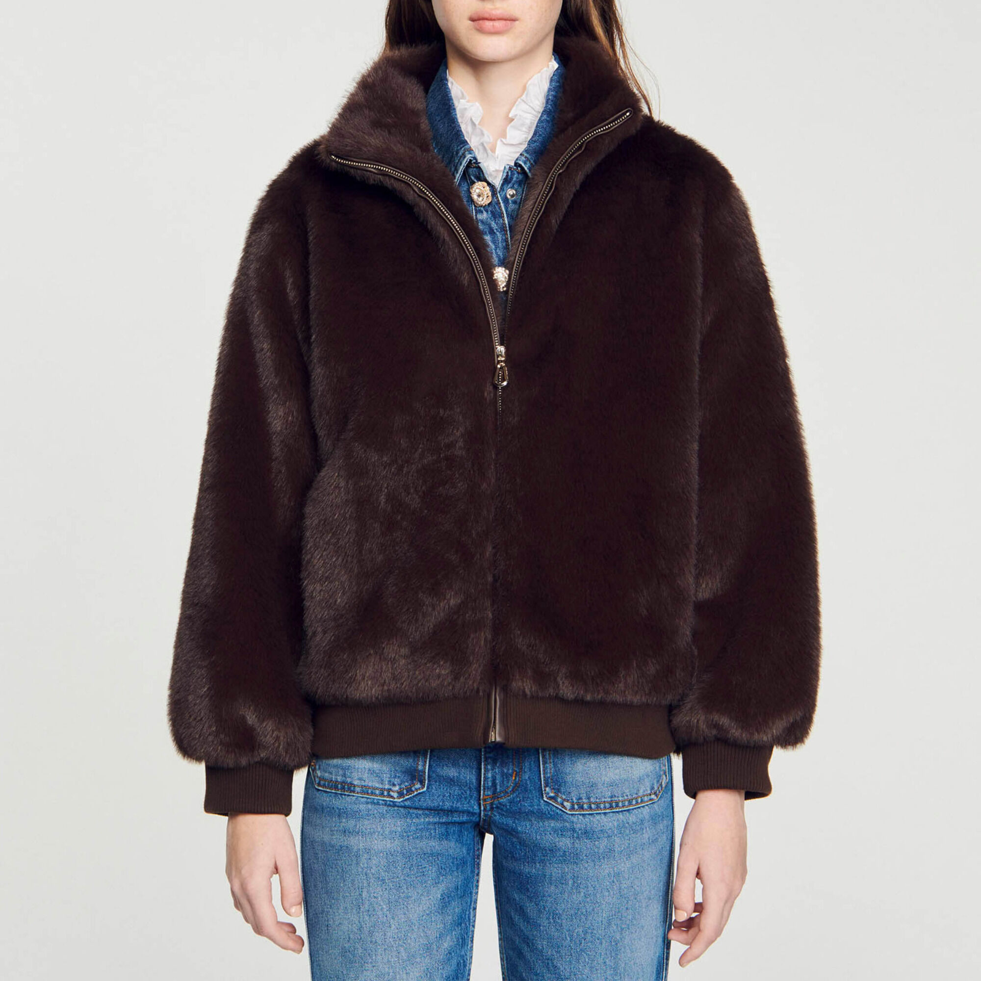 Faux fur jacket brown For Women | Sandro Paris