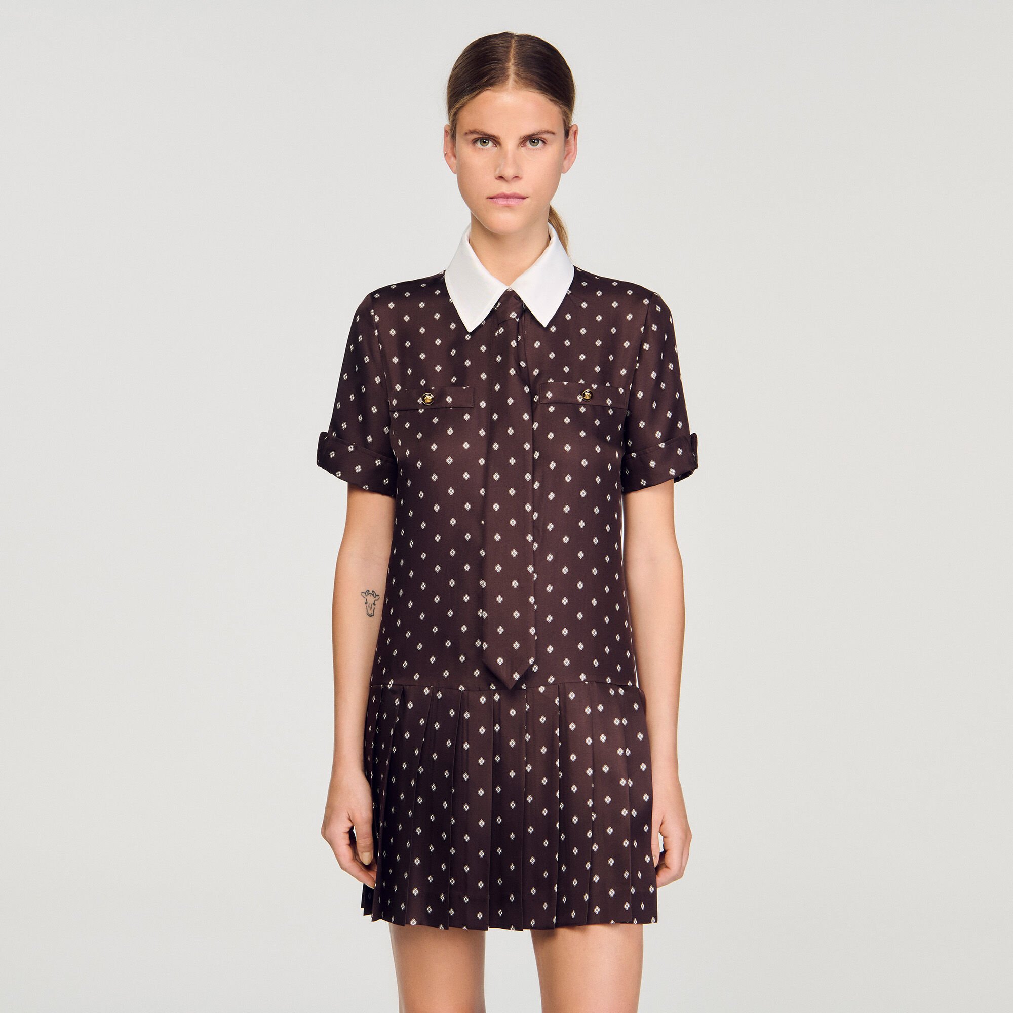 Printed satin-effect mini dress
