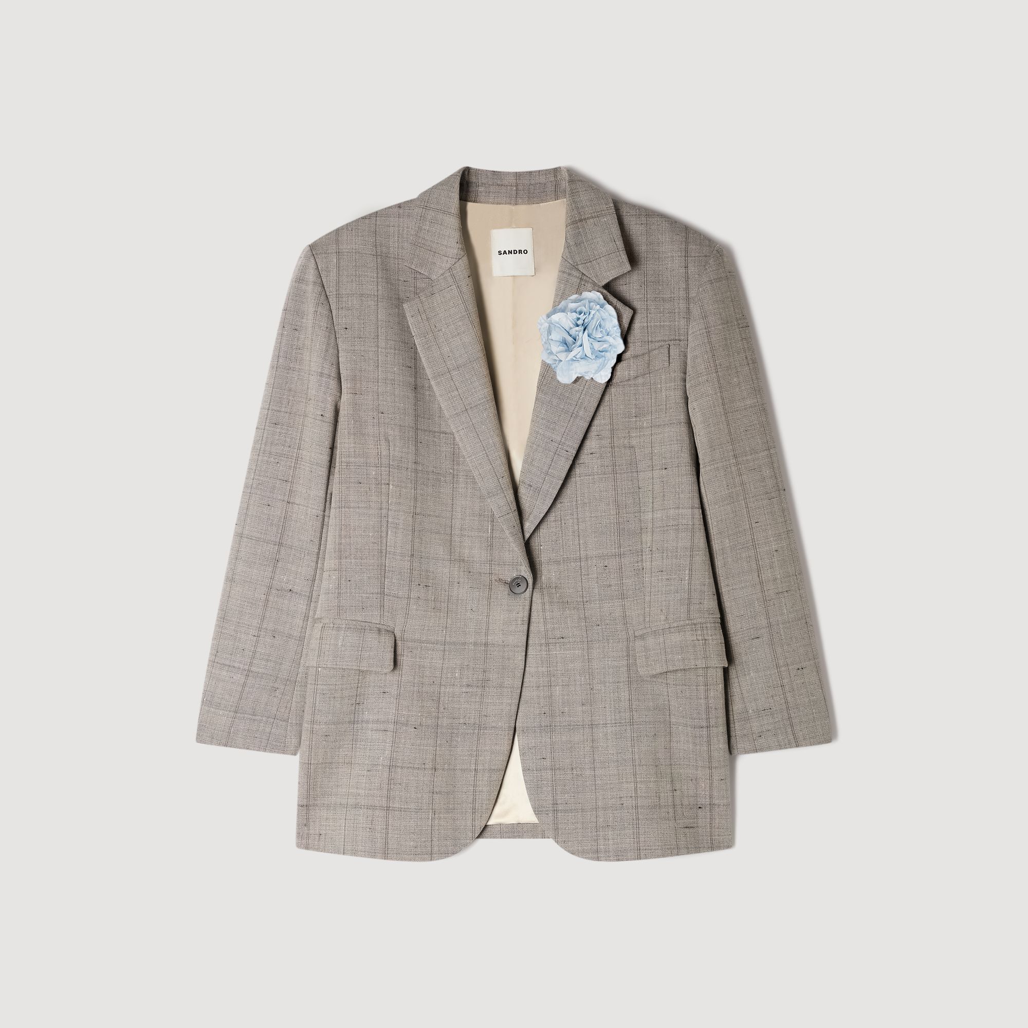 Checked wool jacket with brooch in Greige for Women | Sandro Paris