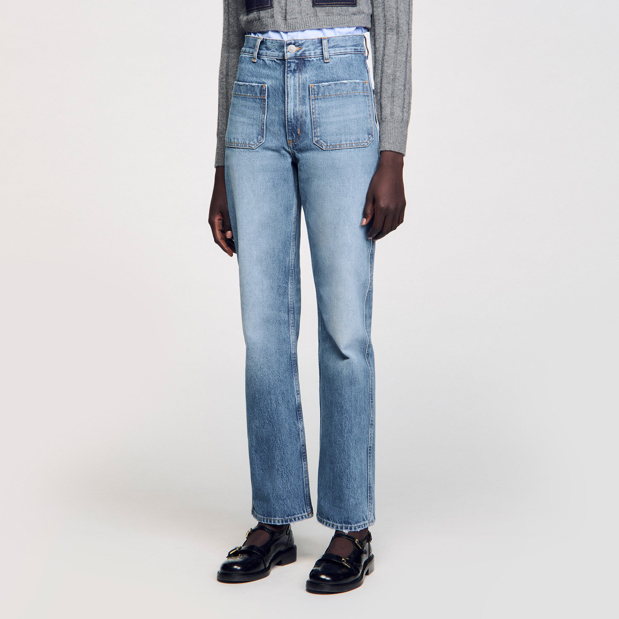【SANDRO】High Rise Contrast Panel Jeans in Blue Jean Sandro High Rise Contrast Panel Jeans In Blue Jean | ModeSens
