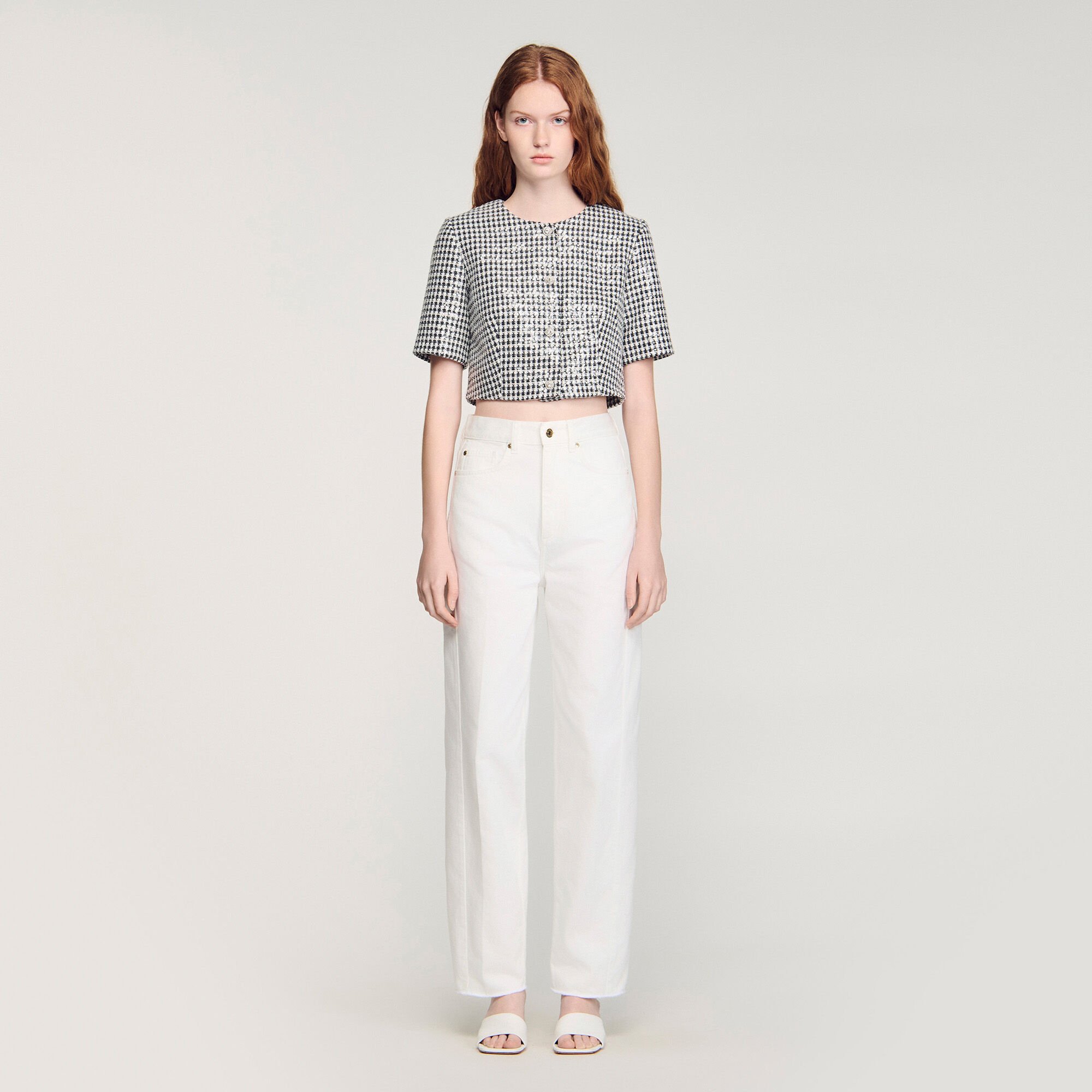 Cropped houndstooth tweed jacket