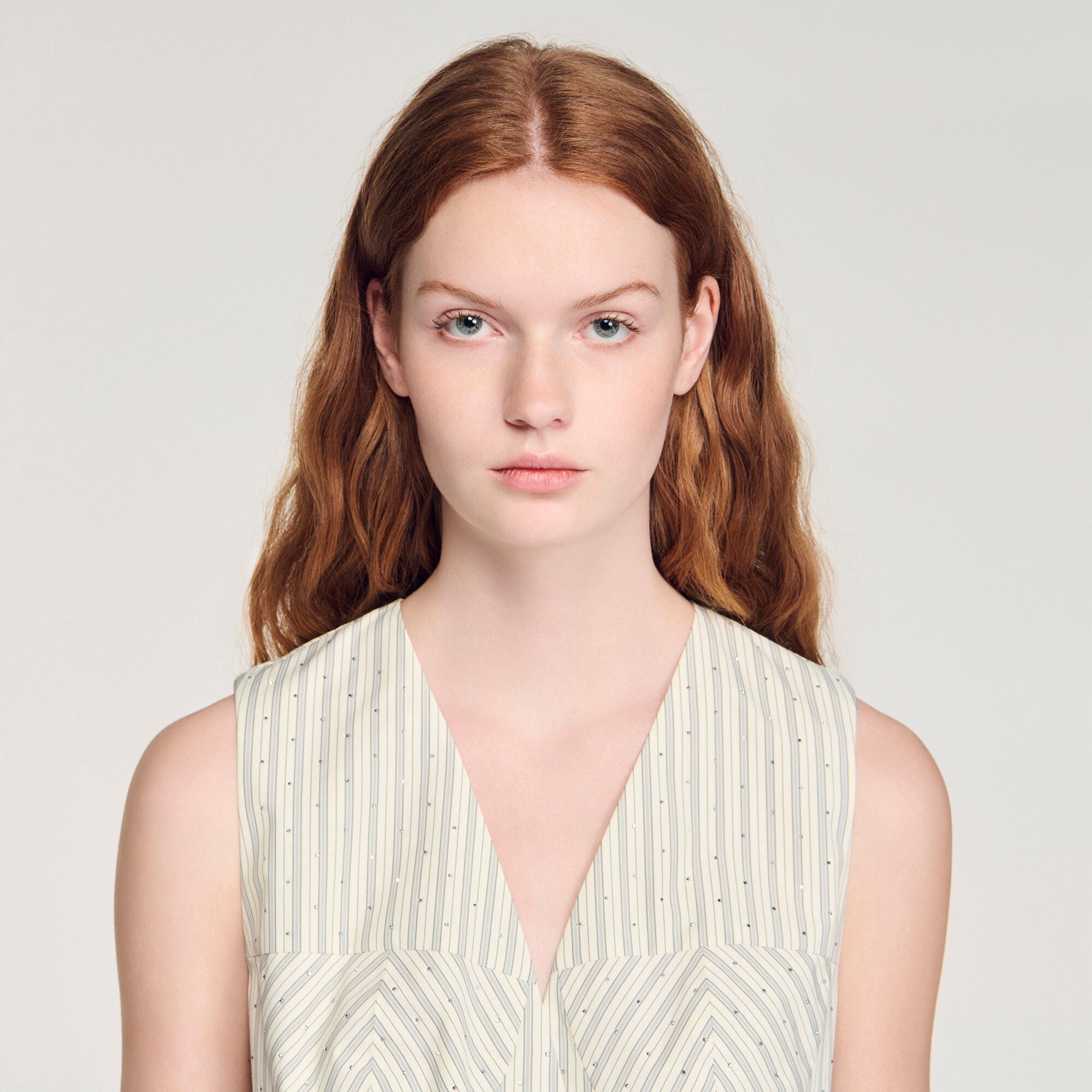 Striped rhinestone crop top in Ecru for Women | Sandro Paris