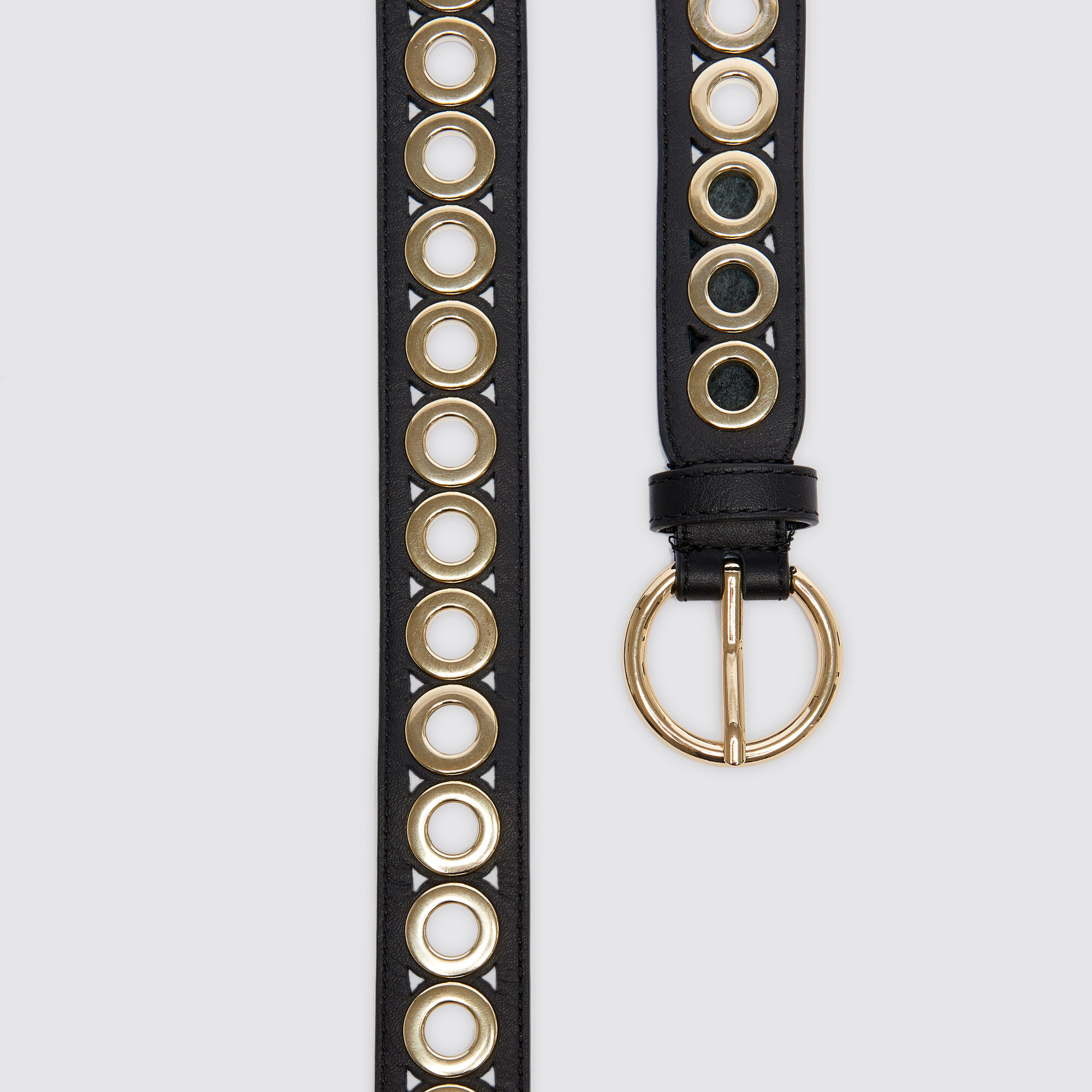 Belt with round buckle and eyelets