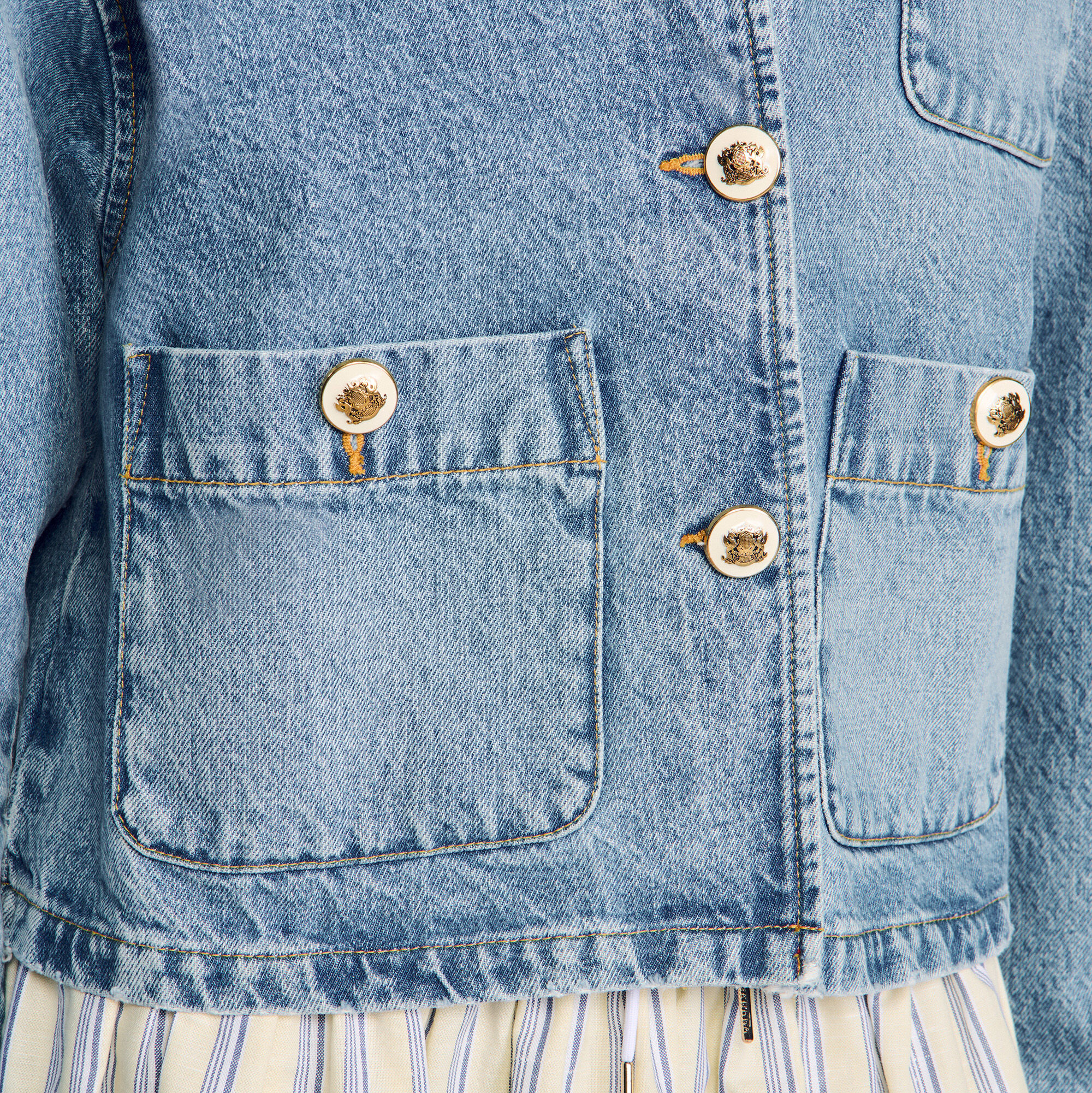 【sandro】BLUE×BEIGEチェック コンビ デニム ジャケット 最新作業服 ストレッチデニム ジャケット レギュラーフィット