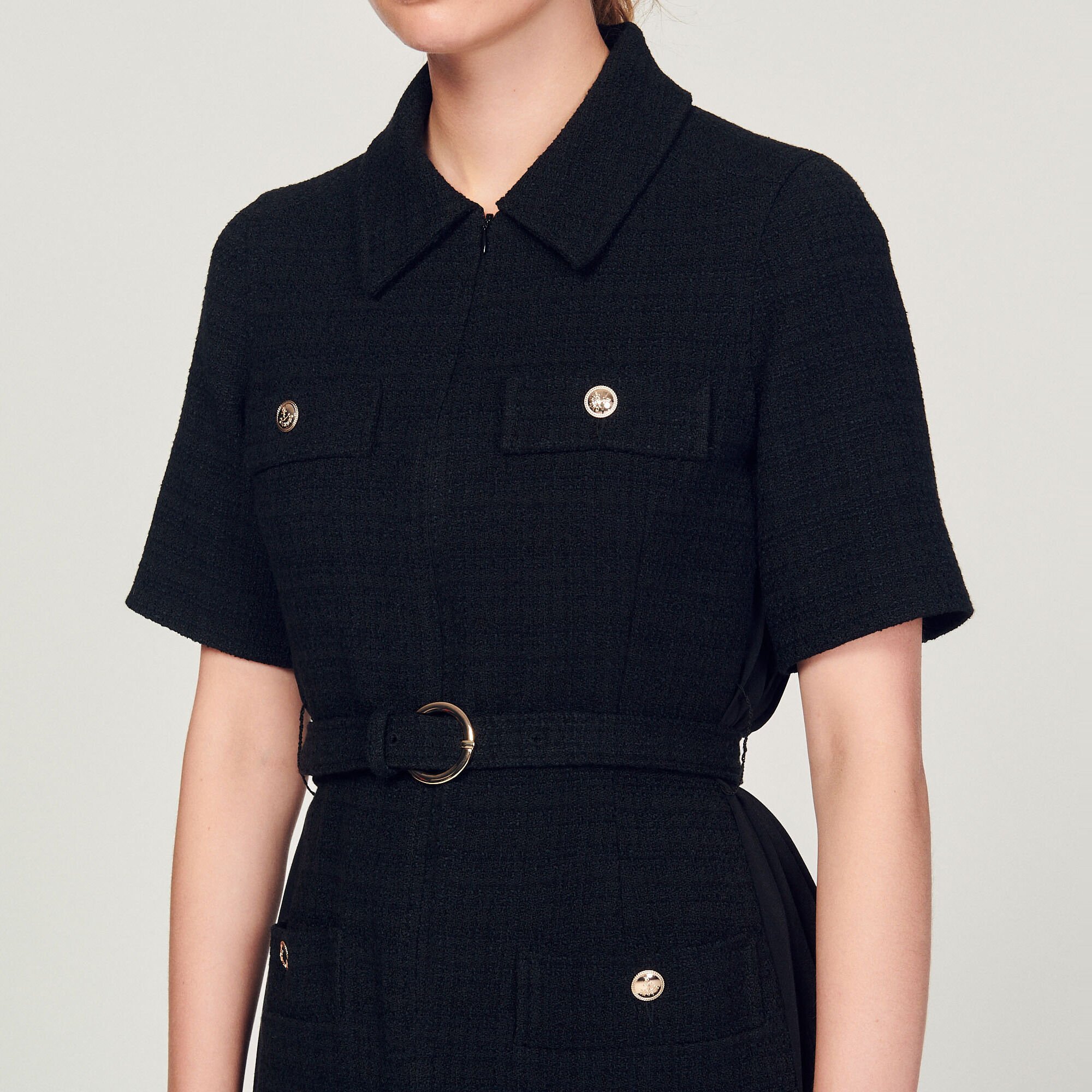 Short-sleeved dress in two materials