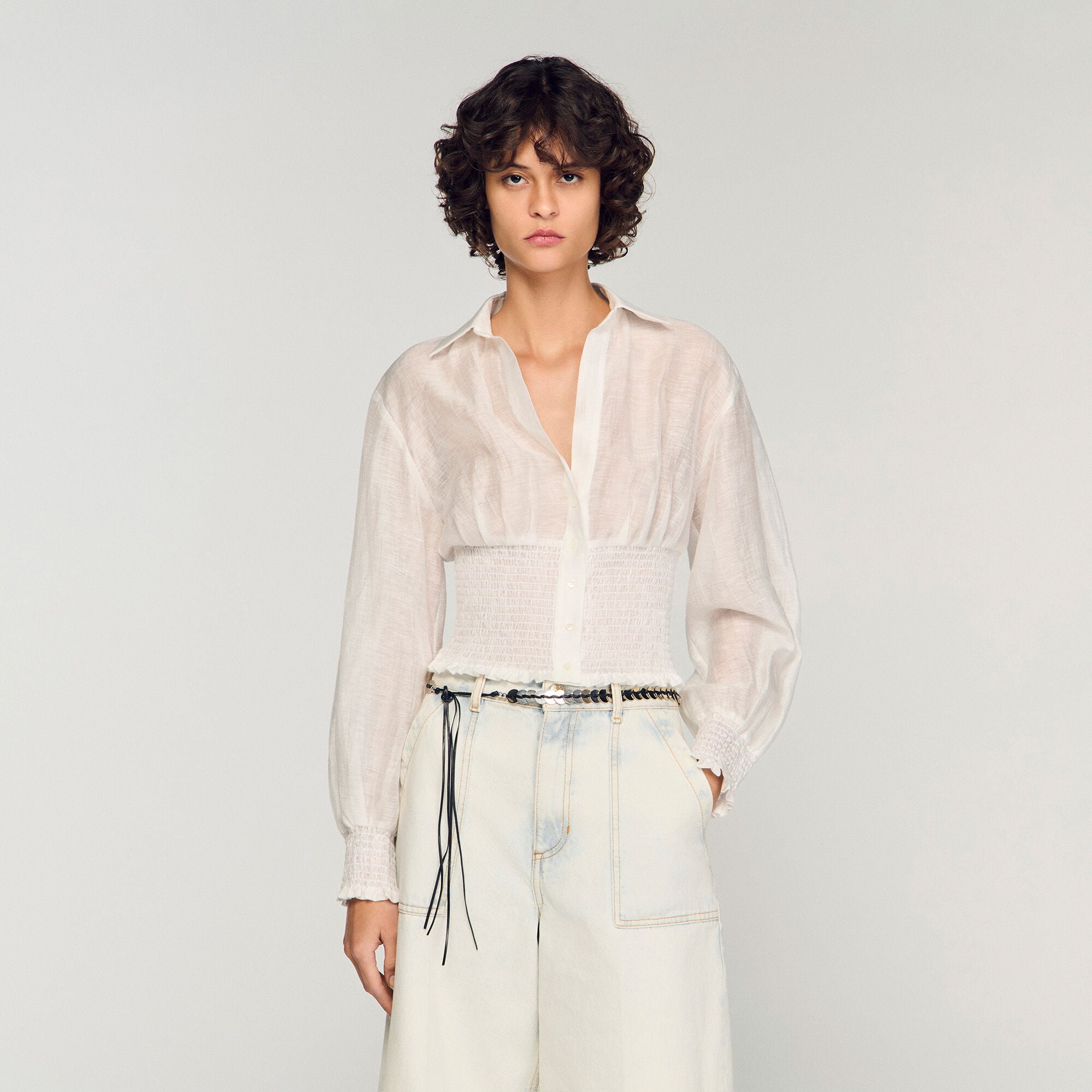 Smocked linen shirt in white for Women | Sandro Paris