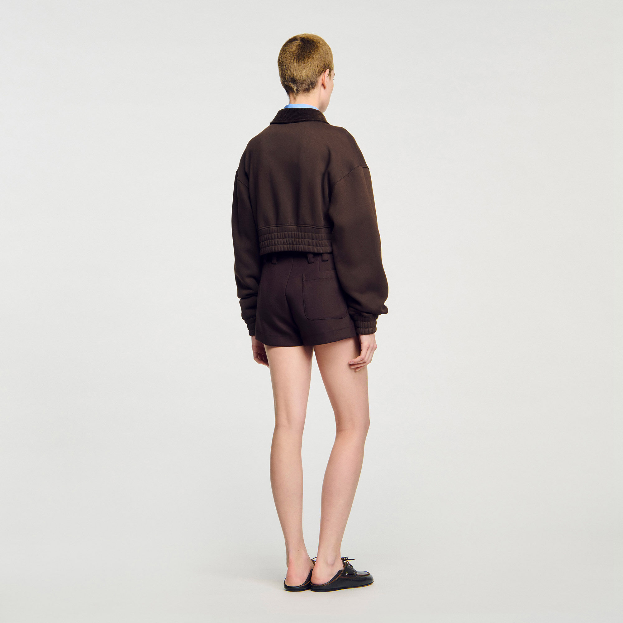 Cropped dual-fabric jacket brown For Women | Sandro Paris