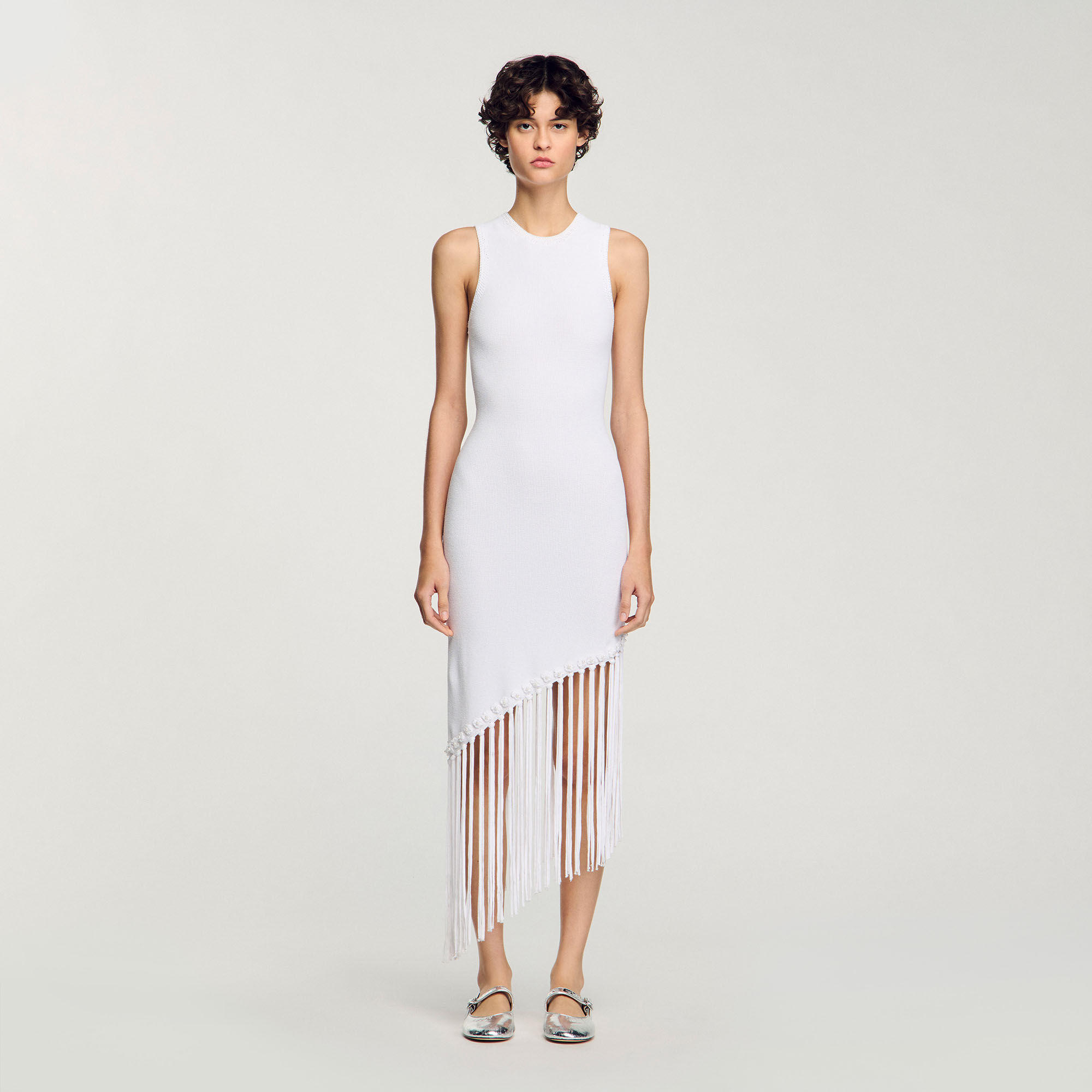 Fringed crochet maxi dress white / beige For Women | Sandro Fringed crochet maxi dress white / beige For Women | Sandro