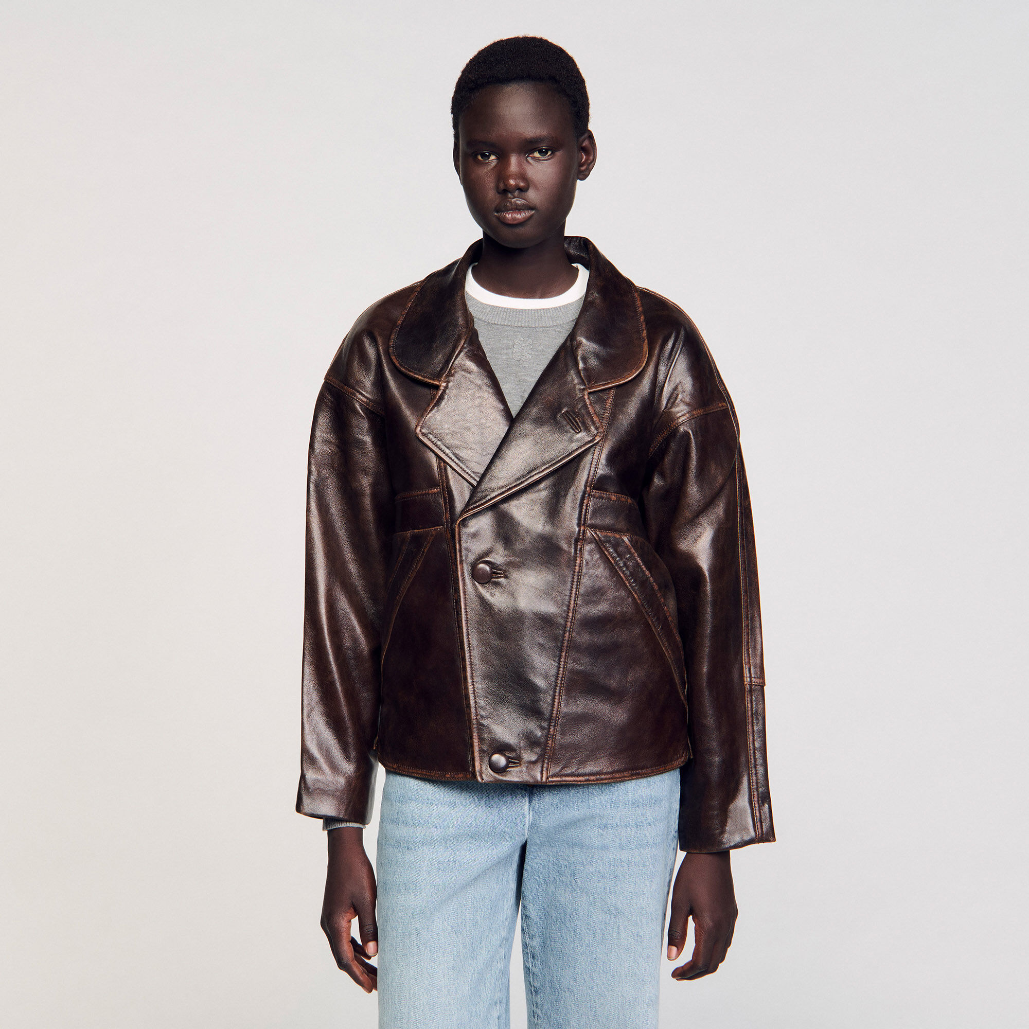 Distressed leather jacket brown For Women | Sandro Paris