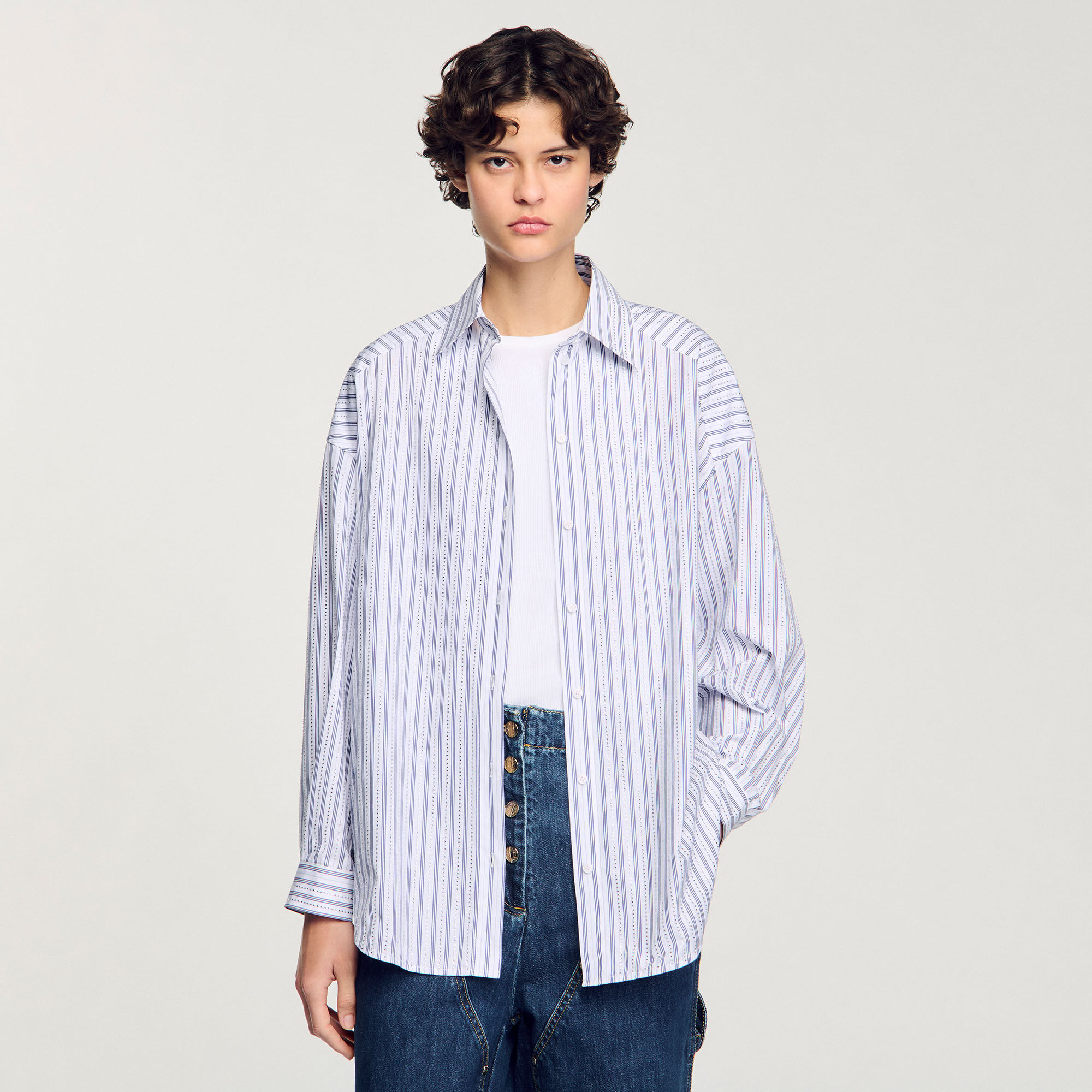 Striped rhinestone shirt white / beige For Women | Sandro Paris Striped rhinestone shirt white / beige For Women | Sandro Paris