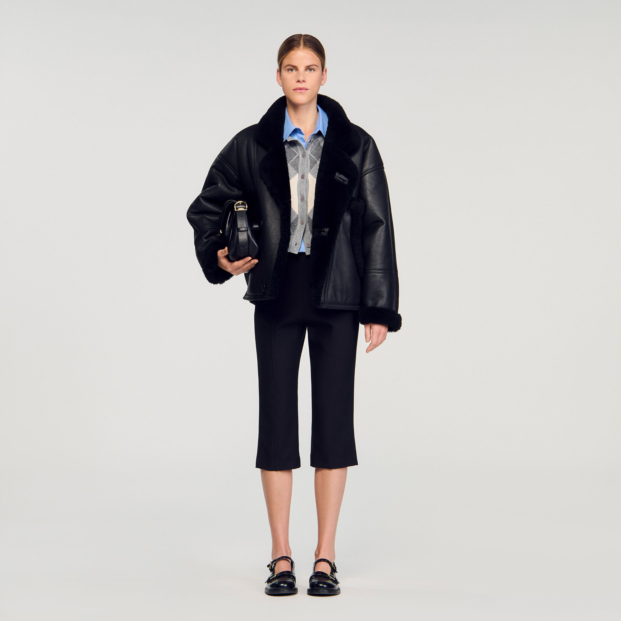 Short shearling coat black / gray For Women | Sandro Paris