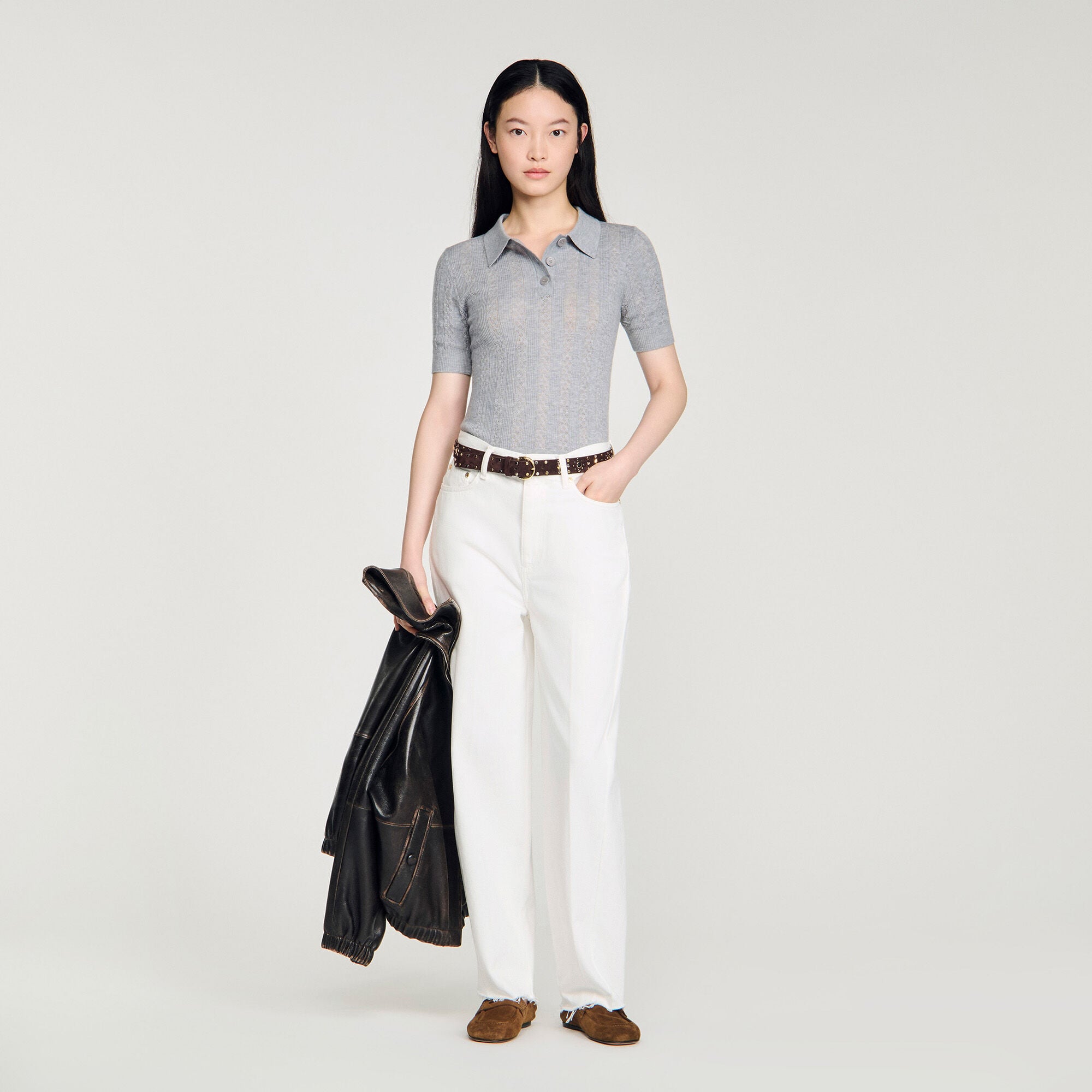 Pointelle polo-neck wool sweater in Grey for Women | Sandro Paris