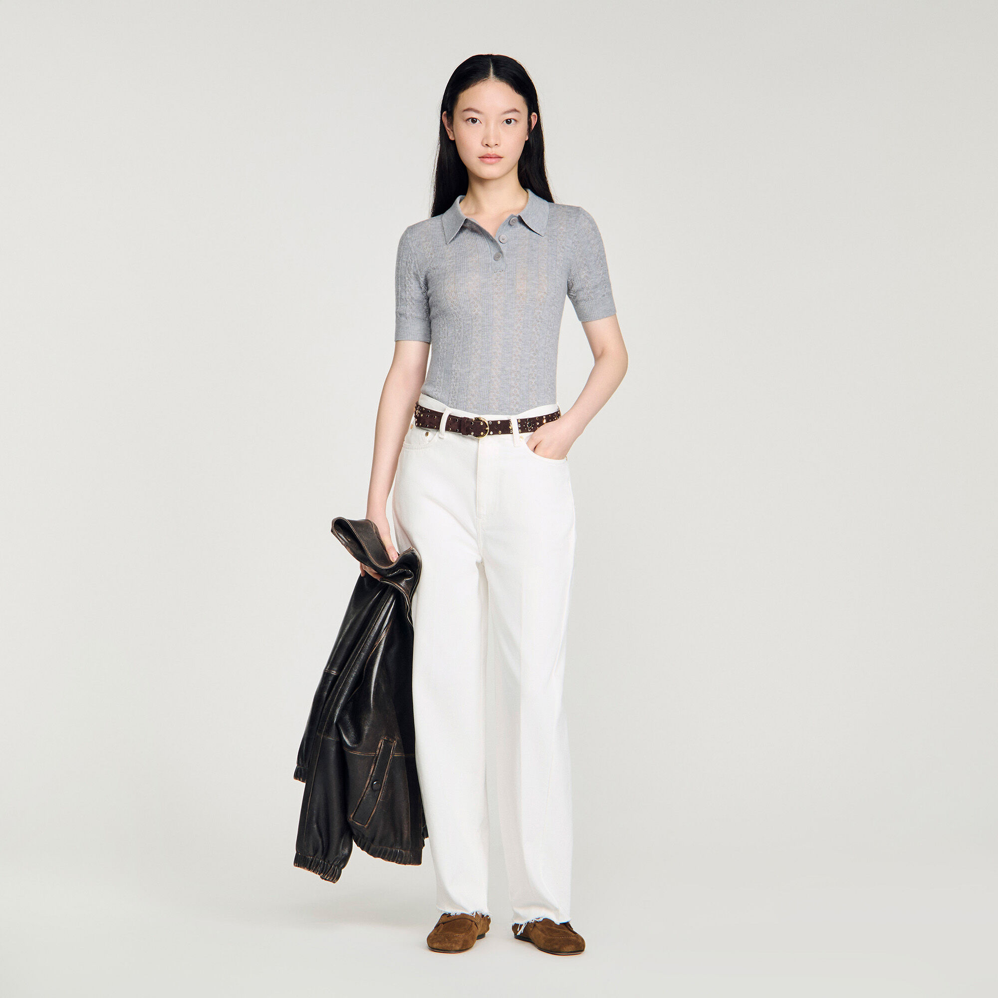 Pointelle polo-neck wool sweater