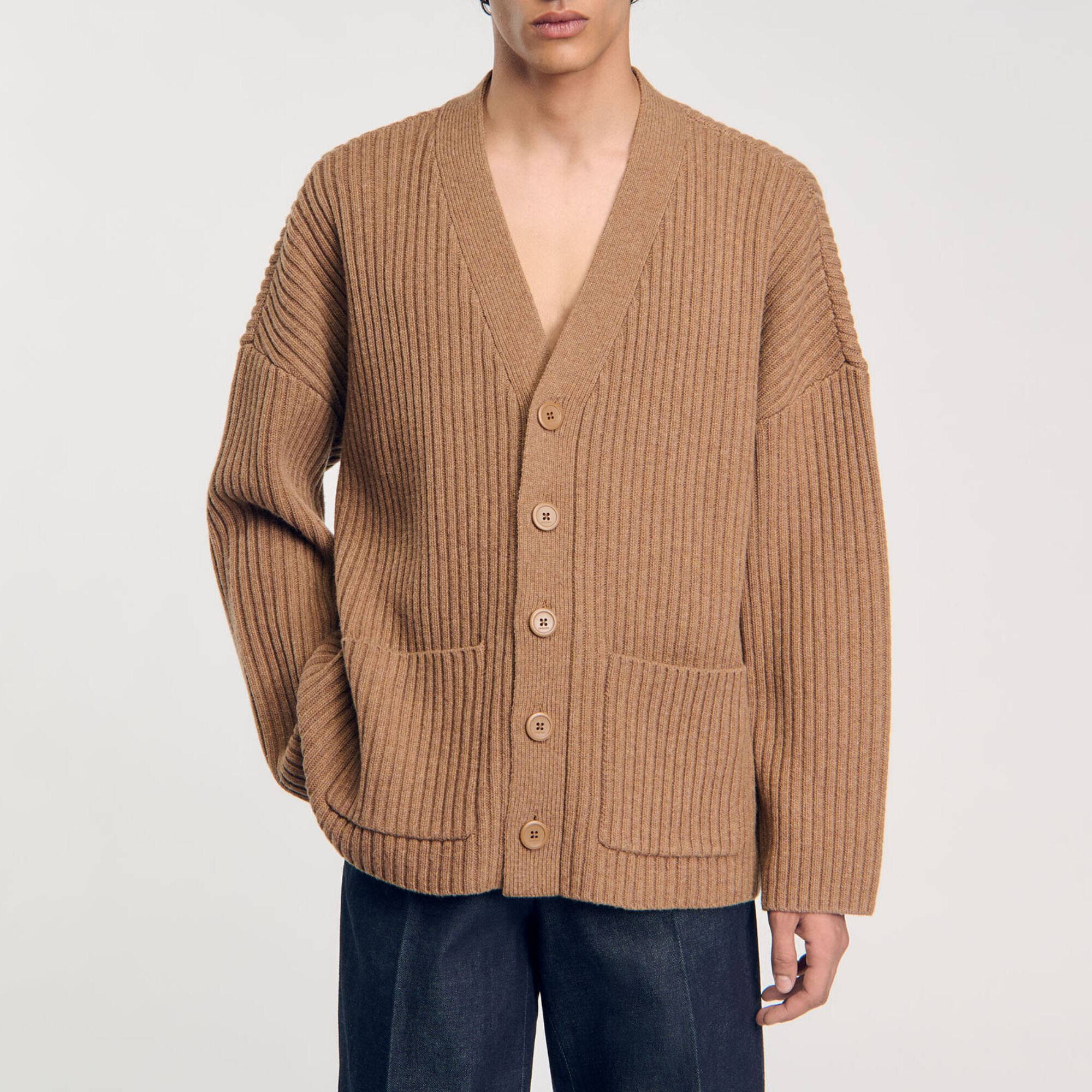 Oversized rib knit cardigan white / beige for Men | Sandro Paris