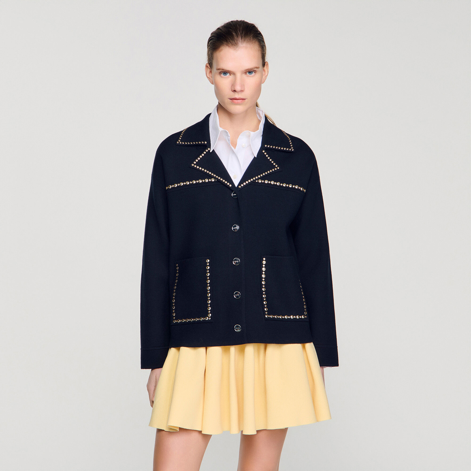 Studded blazer collar cardigan in Navy Blue for Women | Sandro Paris