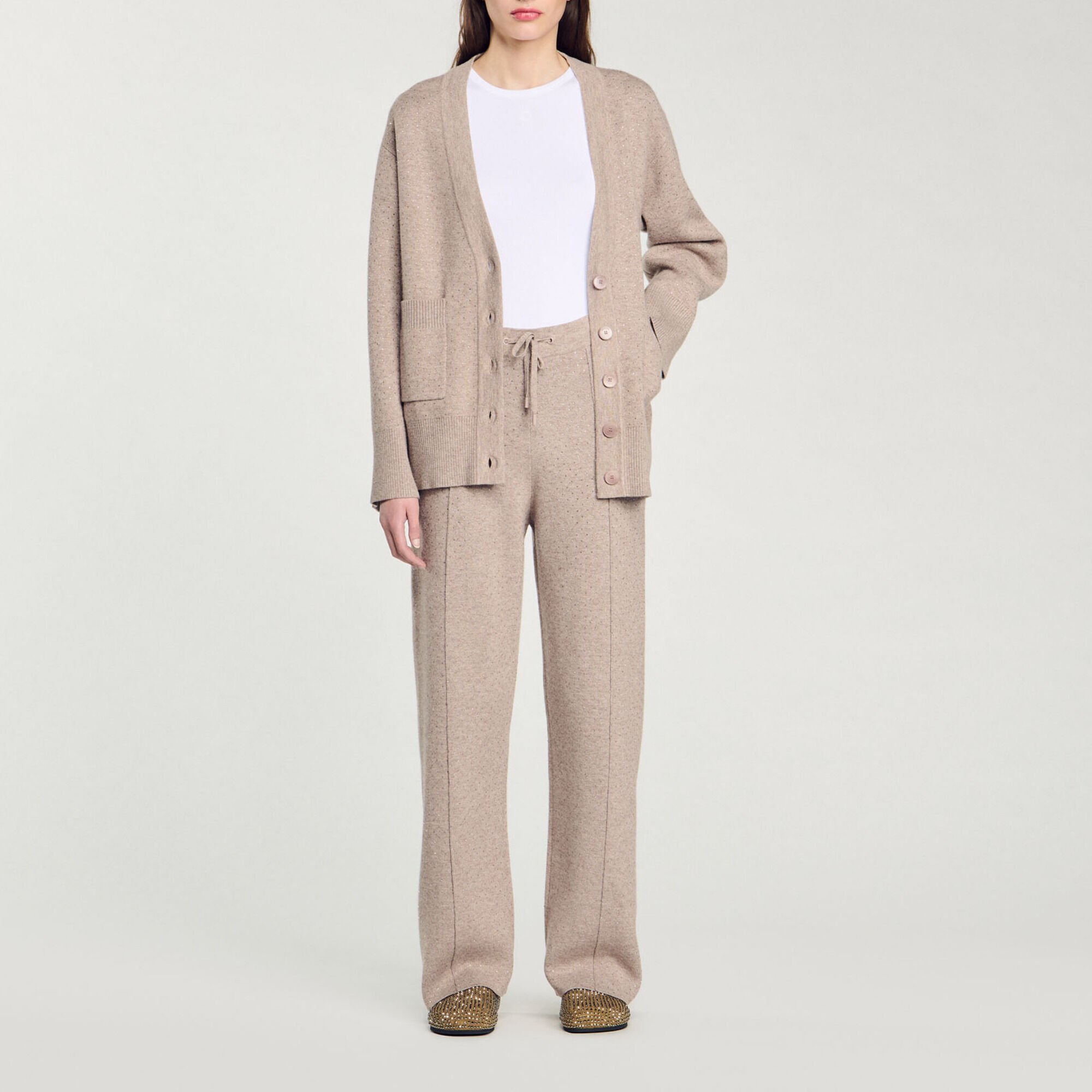 Knit rhinestone-covered pants