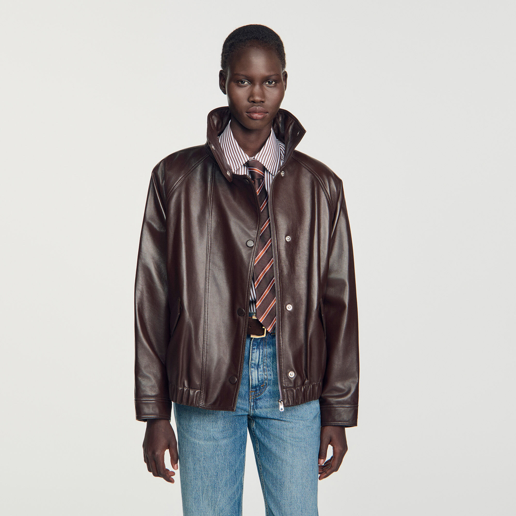 Oversized leather jacket in Brown for Women | Sandro Paris