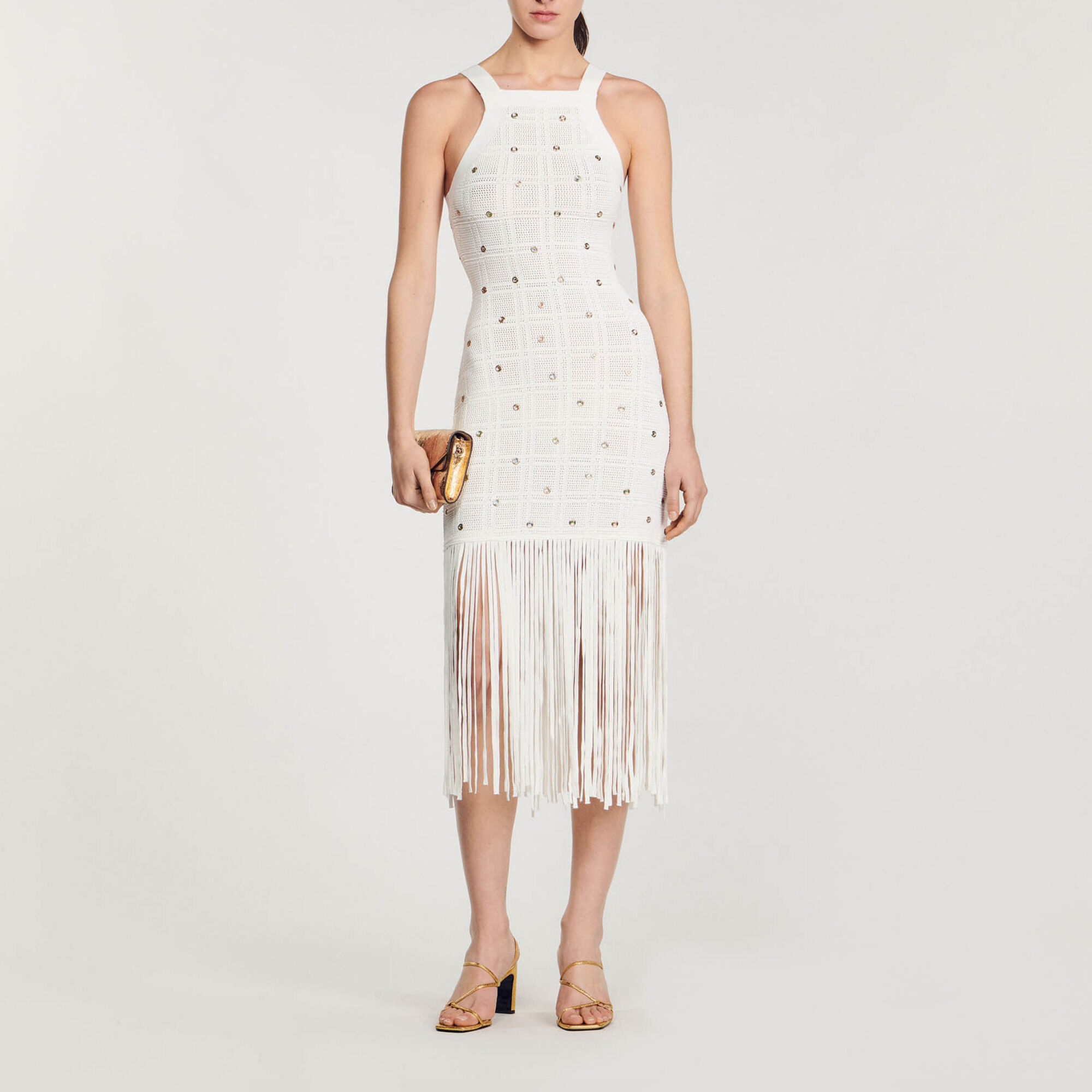 Fringed Midi Dress white beige For Women Sandro Paris