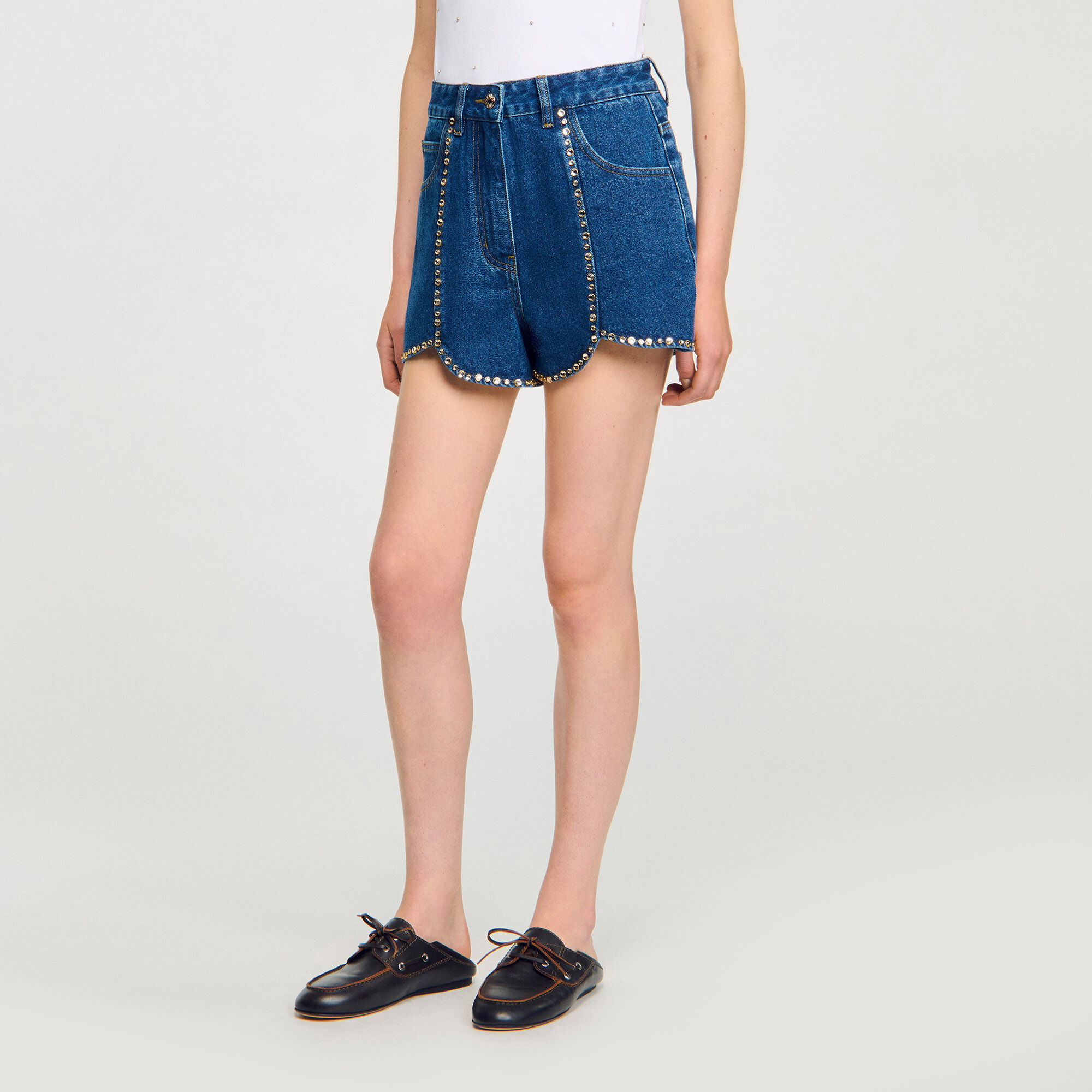 トップス Godard Haberdashery x BOURRIENNE ParisX Beaded and rhinestone denim shorts For Women | Sandro Paris