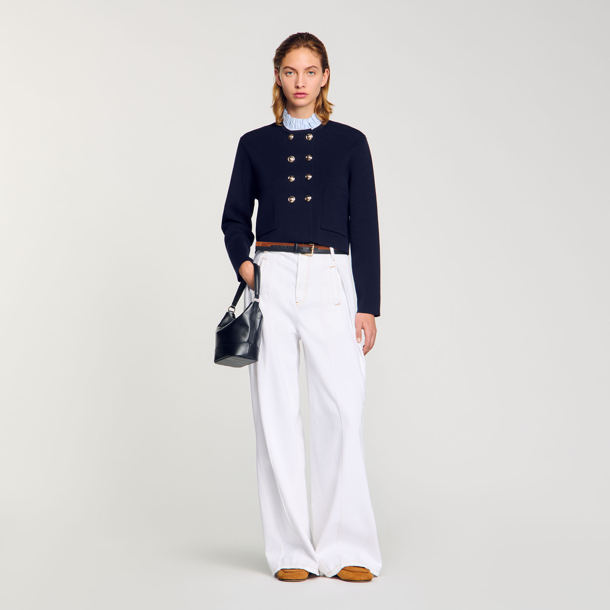 Cardigan with removable ruffled collar blue For Women