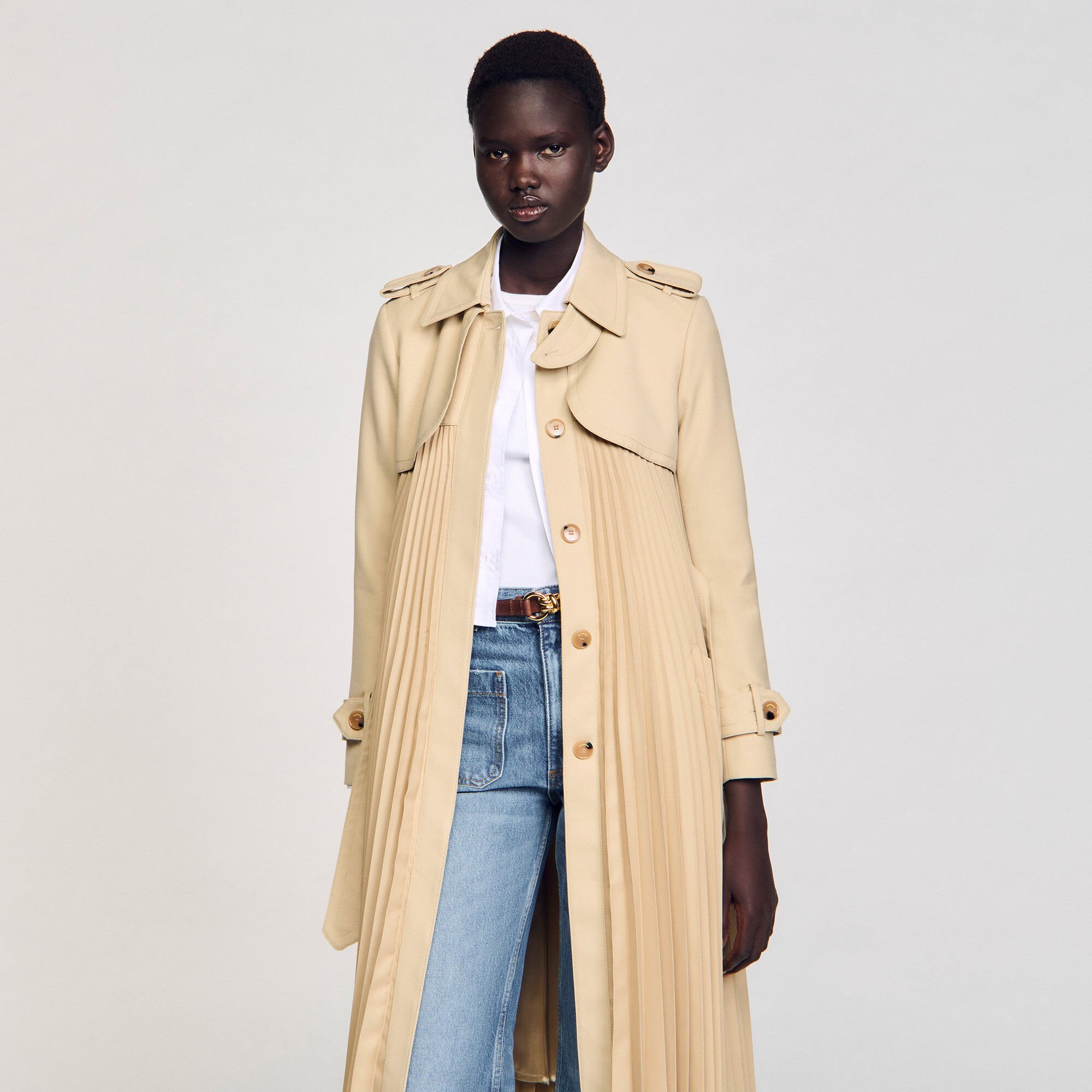Pleated trench coat with belt white / beige For Women