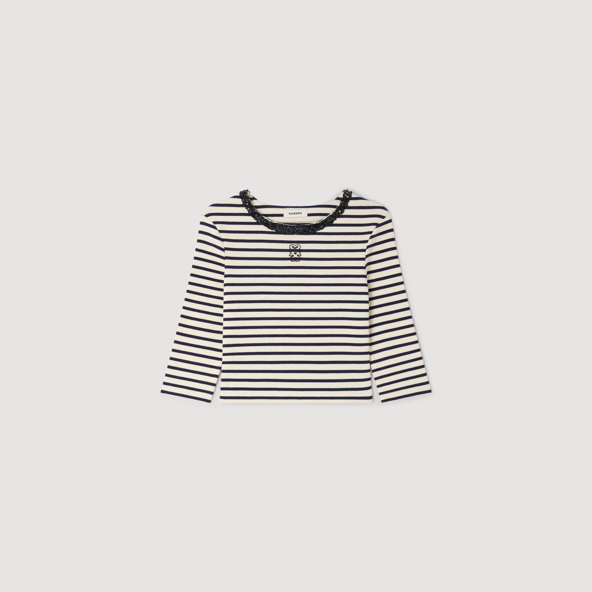 Short striped tee with beaded collar in Navy Blue for Women