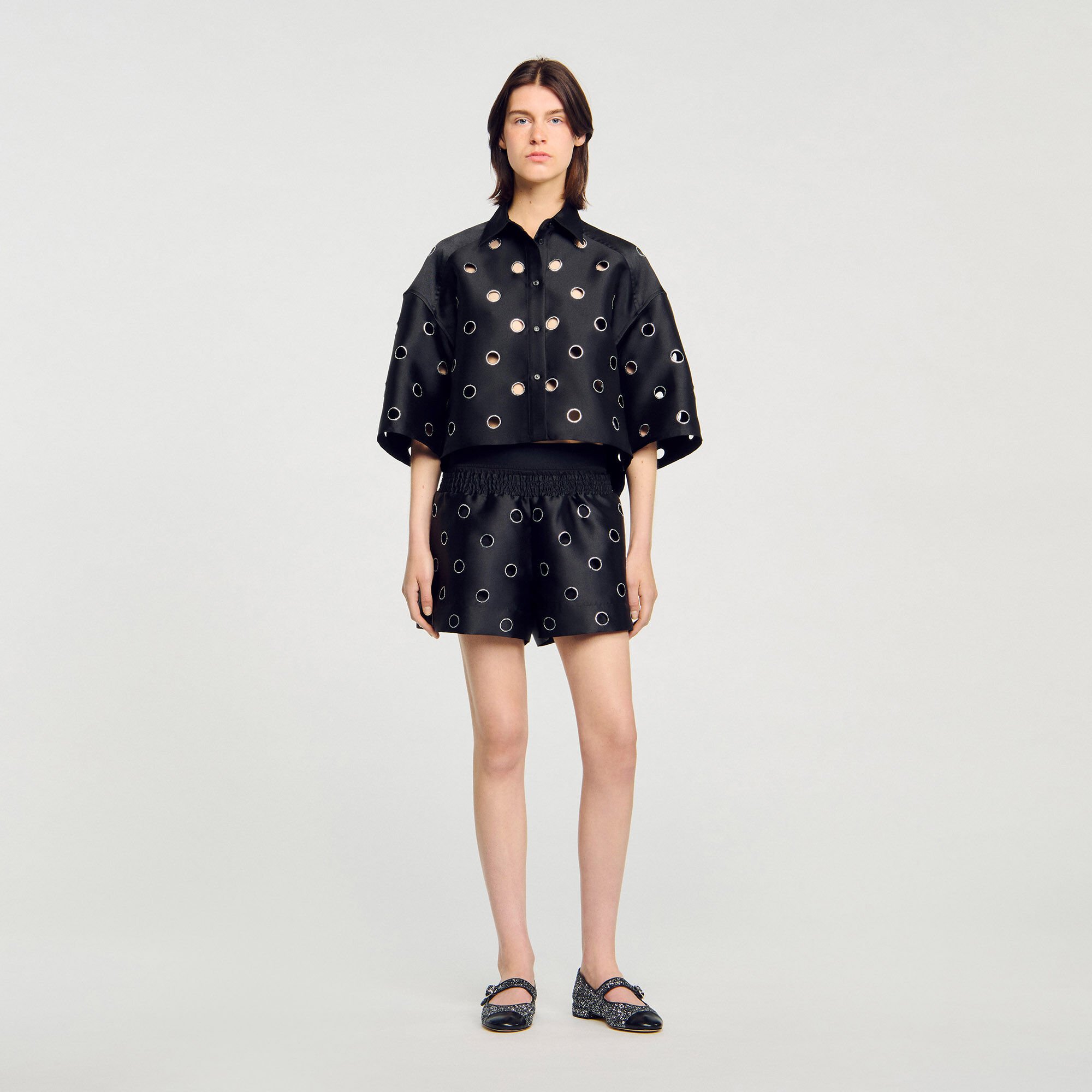 Oversized shirt with rhinestones holes black / gray For