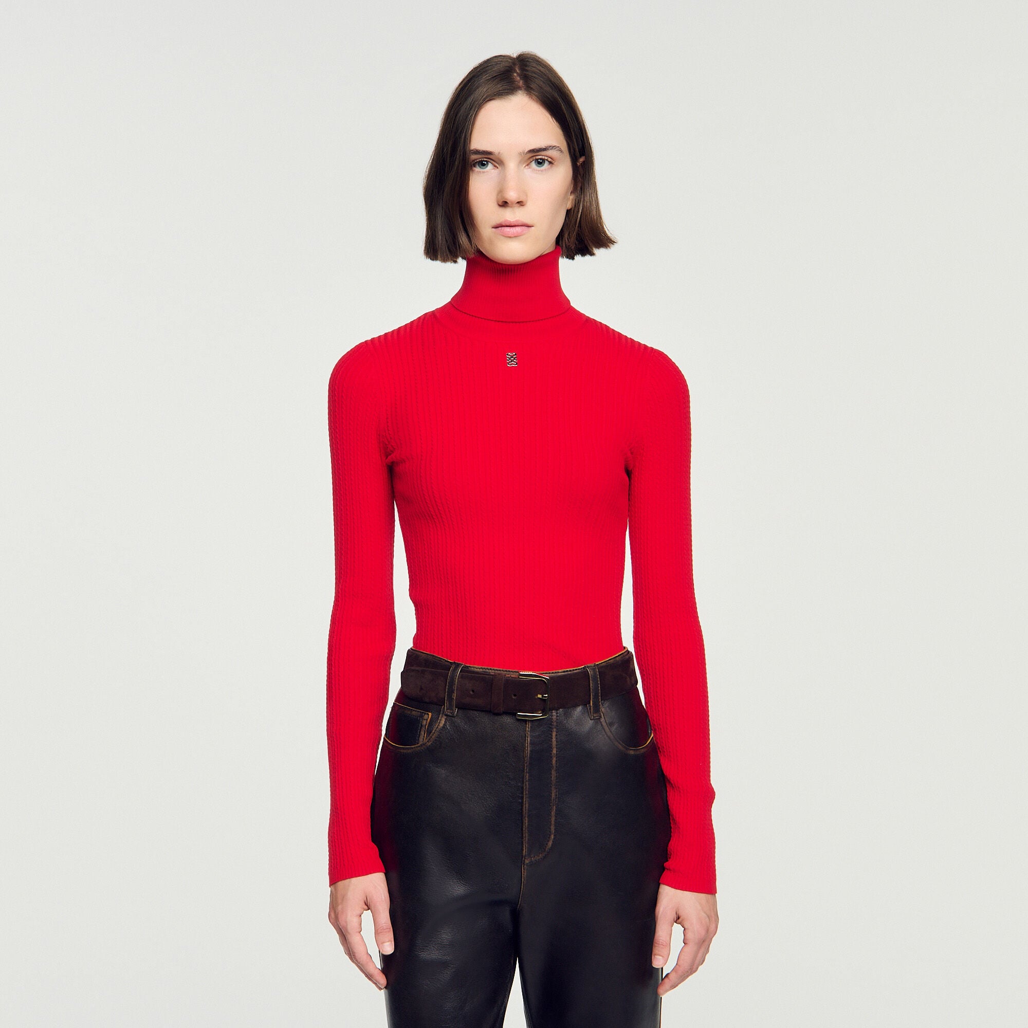 Cable knit turtleneck sweater in Red for Women | Sandro Paris