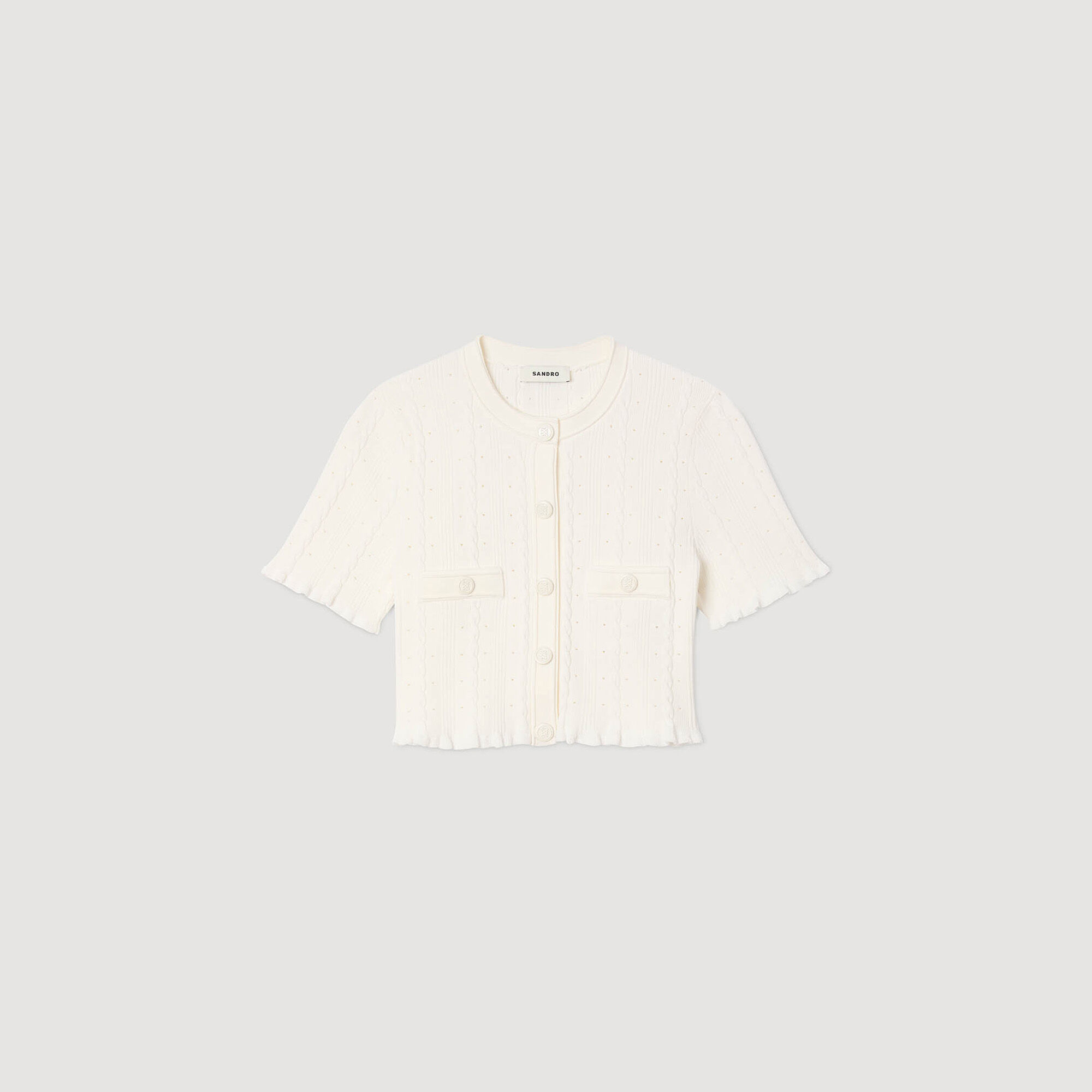 Cropped pointelle knit cardigan white / beige For Women | Sandro Paris
